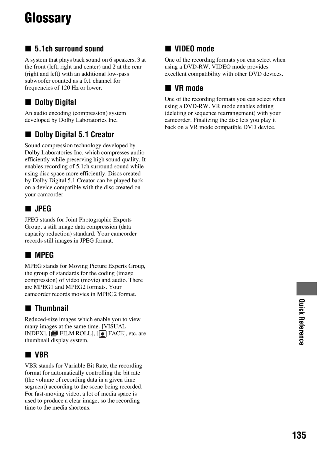 Sony DCR-DVD850, DCR-DVD650 manual Glossary, 135 