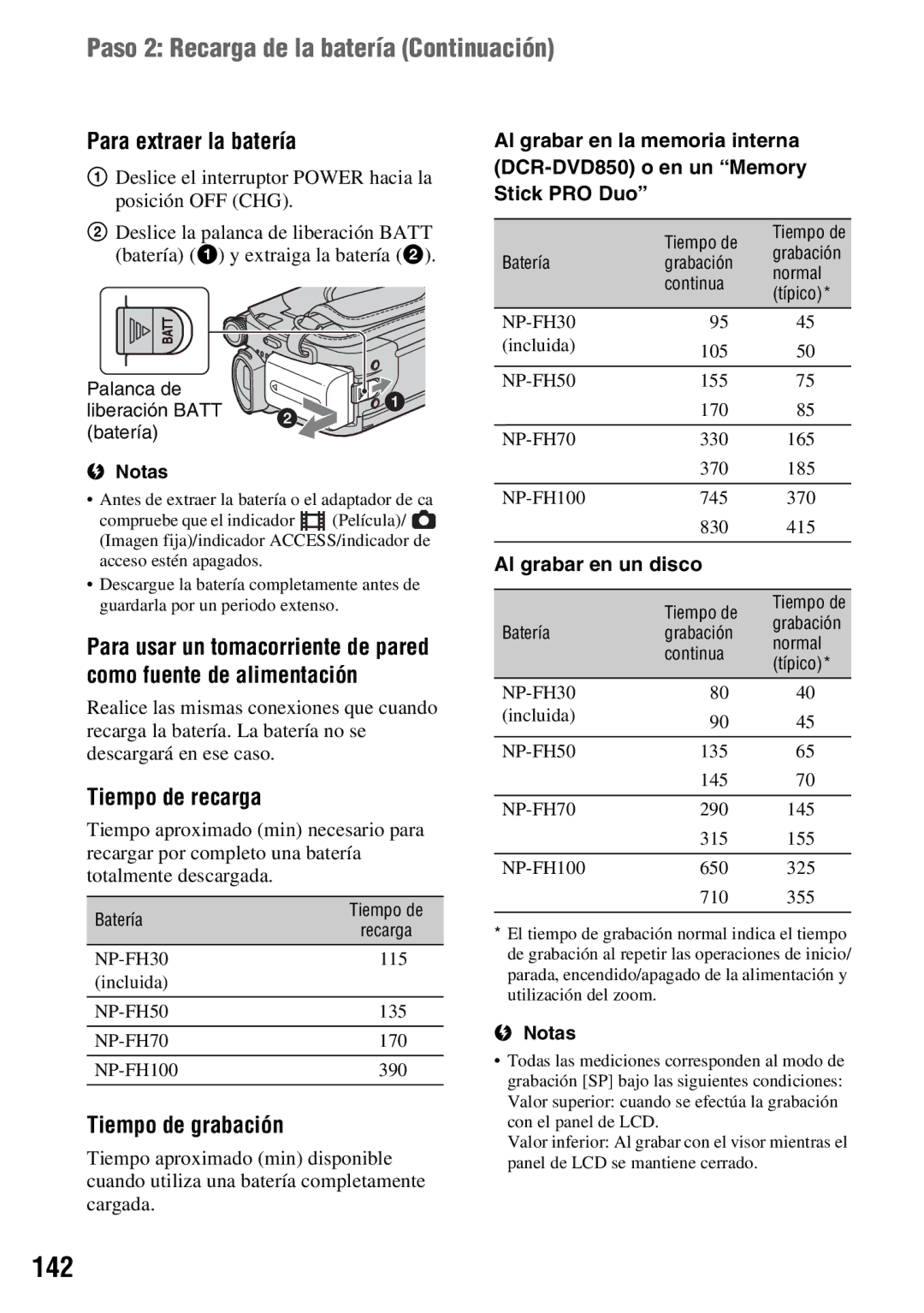 Sony DCR-DVD650, DCR-DVD850 142, Paso 2 Recarga de la batería Continuación, Para extraer la batería, Tiempo de recarga 