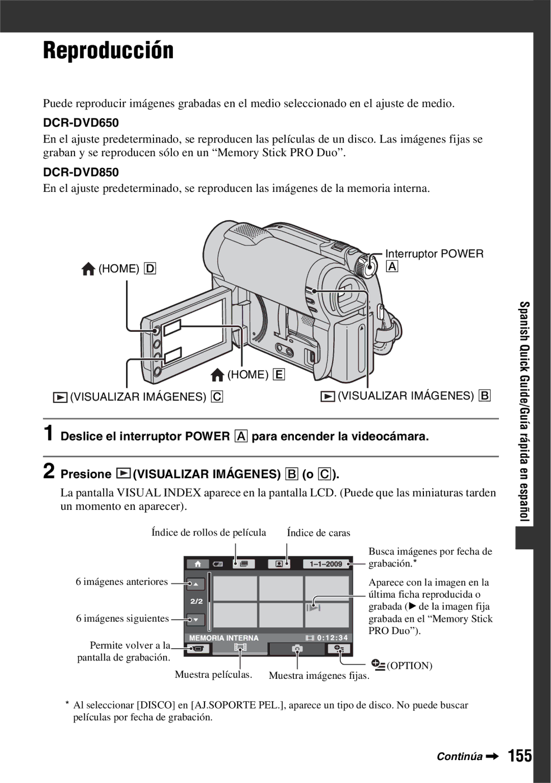 Sony DCR-DVD850, DCR-DVD650 manual Reproducción, Spanish Quick Guide/Guía rápida en español 