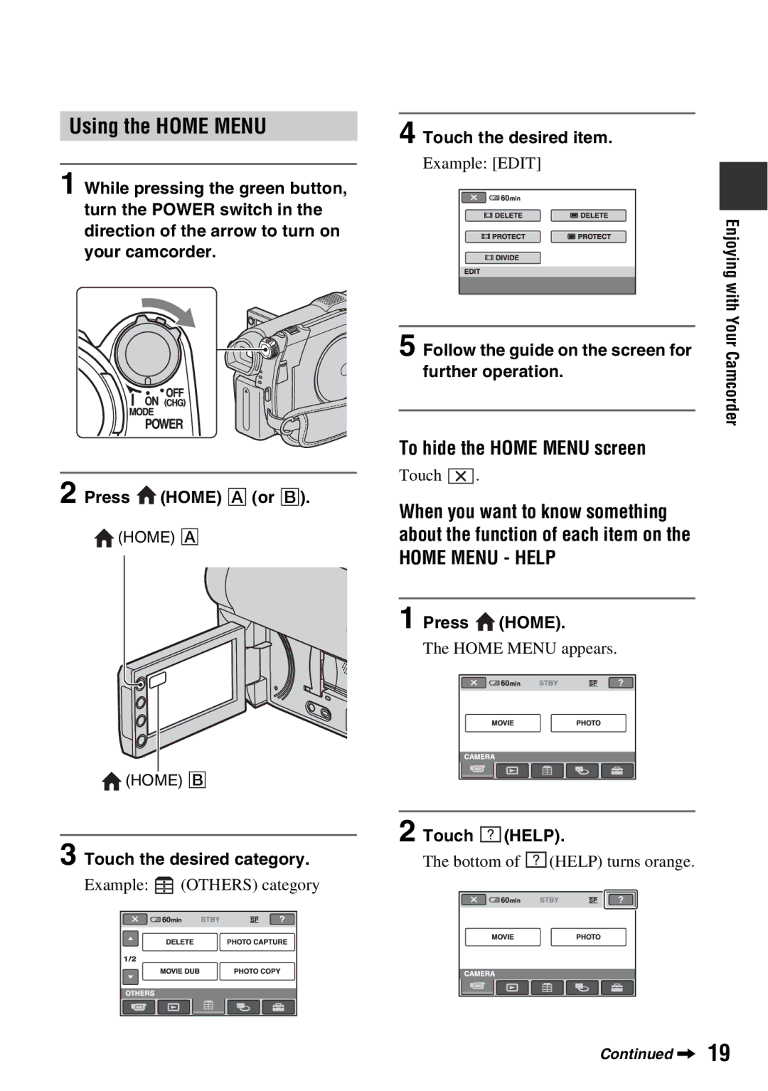 Sony DCR-DVD850, DCR-DVD650 manual Using the Home Menu, To hide the Home Menu screen 