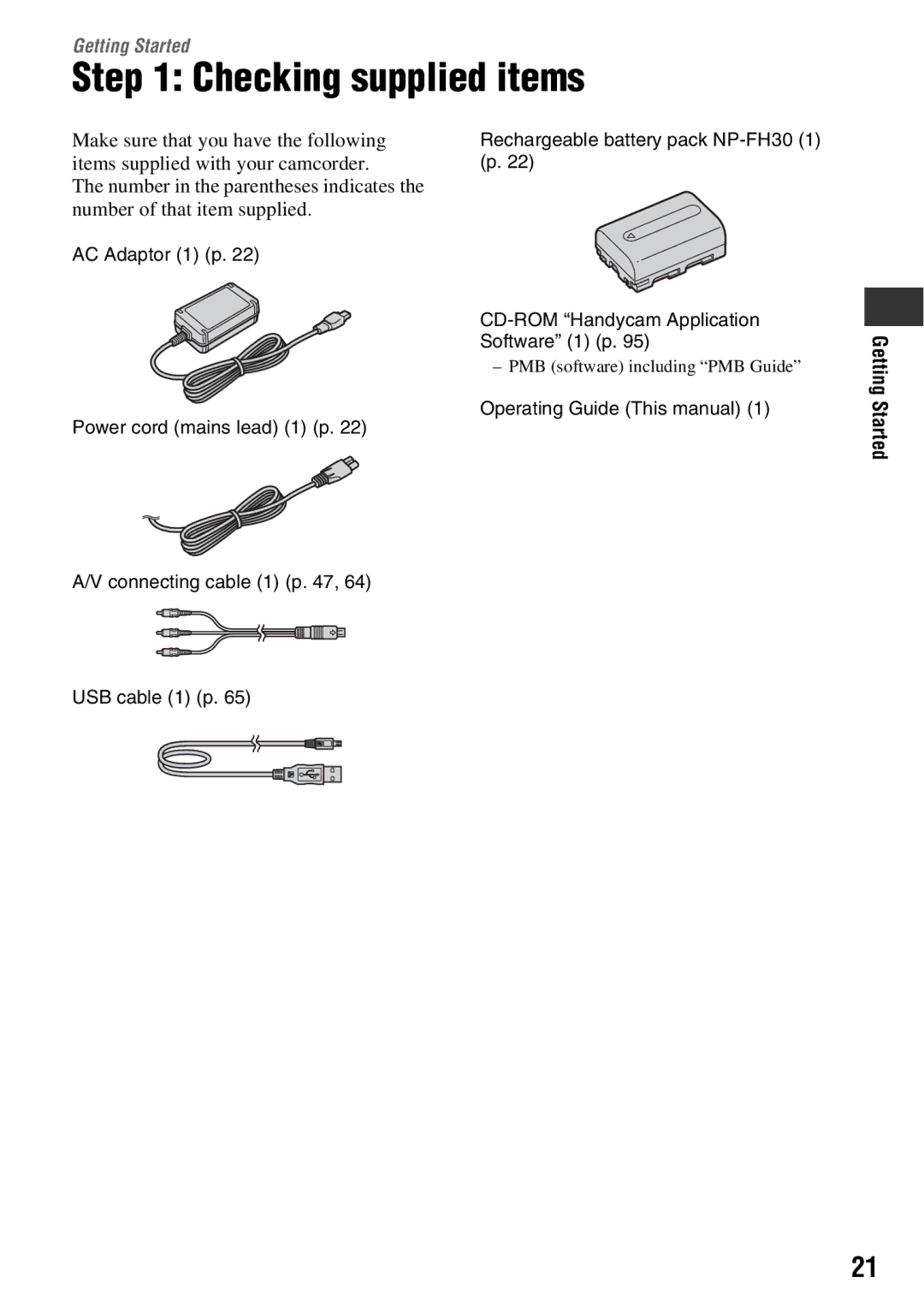 Sony DCR-DVD850, DCR-DVD650 manual Checking supplied items, Getting Started 