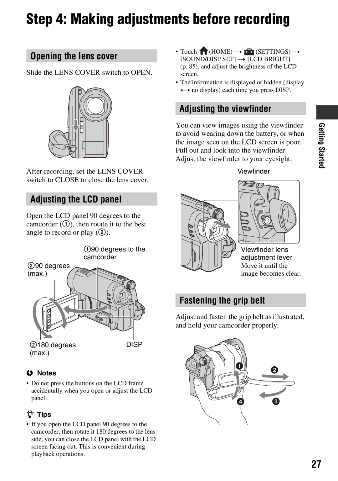 Sony DCR-DVD850, DCR-DVD650 manual Making adjustments before recording, Opening the lens cover, Adjusting the LCD panel 