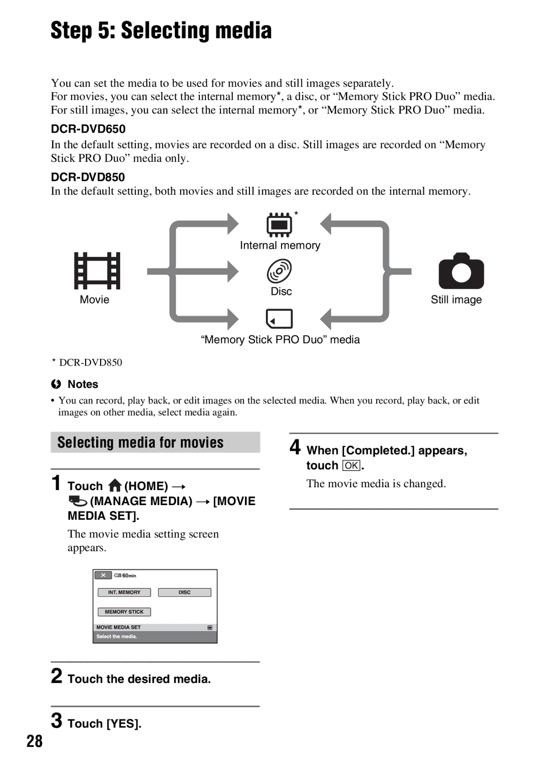 Sony DCR-DVD650 manual Selecting media for movies, DCR-DVD850, Media SET 