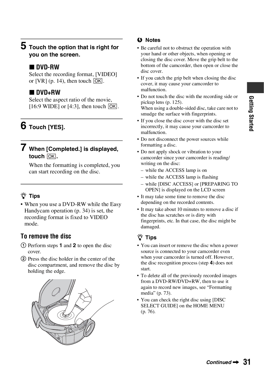 Sony DCR-DVD850, DCR-DVD650 manual Dvd-Rw, Dvd+Rw, To remove the disc, Touch the option that is right for you on the screen 