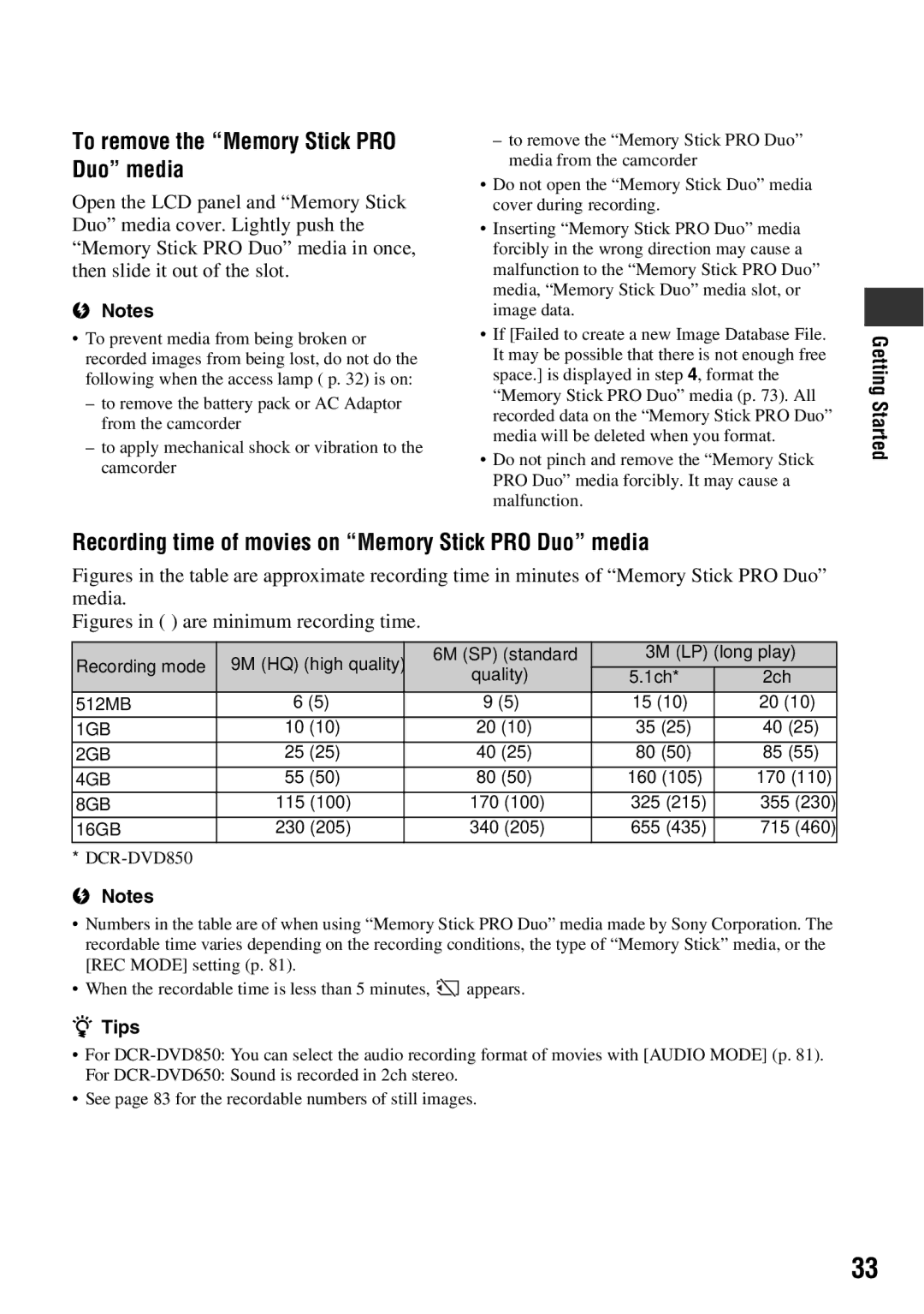 Sony DCR-DVD850 manual To remove the Memory Stick PRO Duo media, Recording time of movies on Memory Stick PRO Duo media 