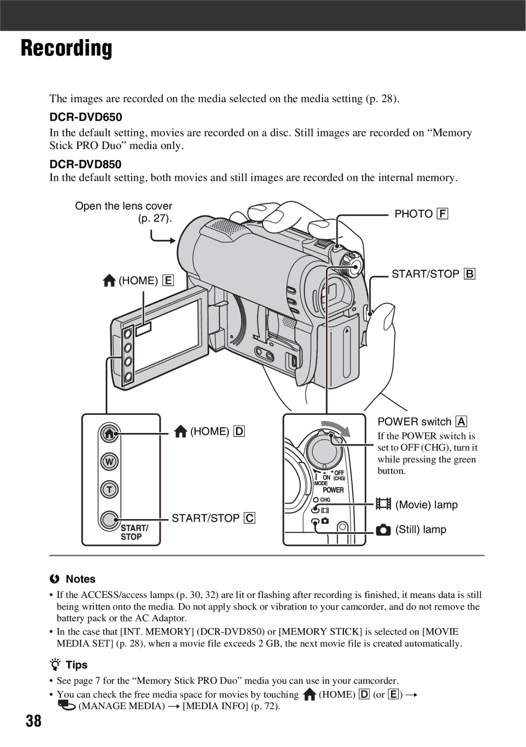 Sony DCR-DVD650, DCR-DVD850 manual Recording, Start/Stop C 