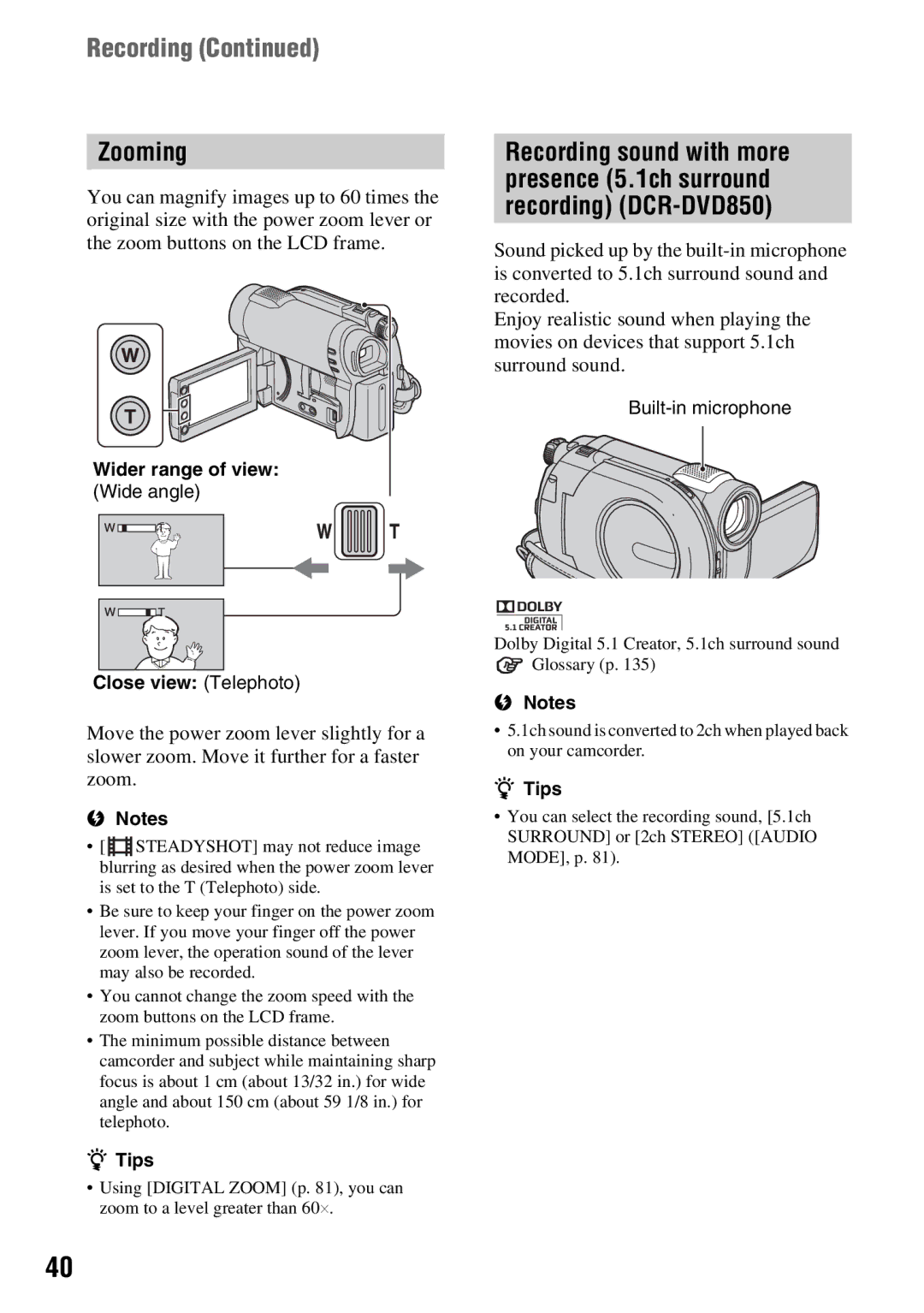 Sony DCR-DVD650, DCR-DVD850 manual Recording, Zooming 