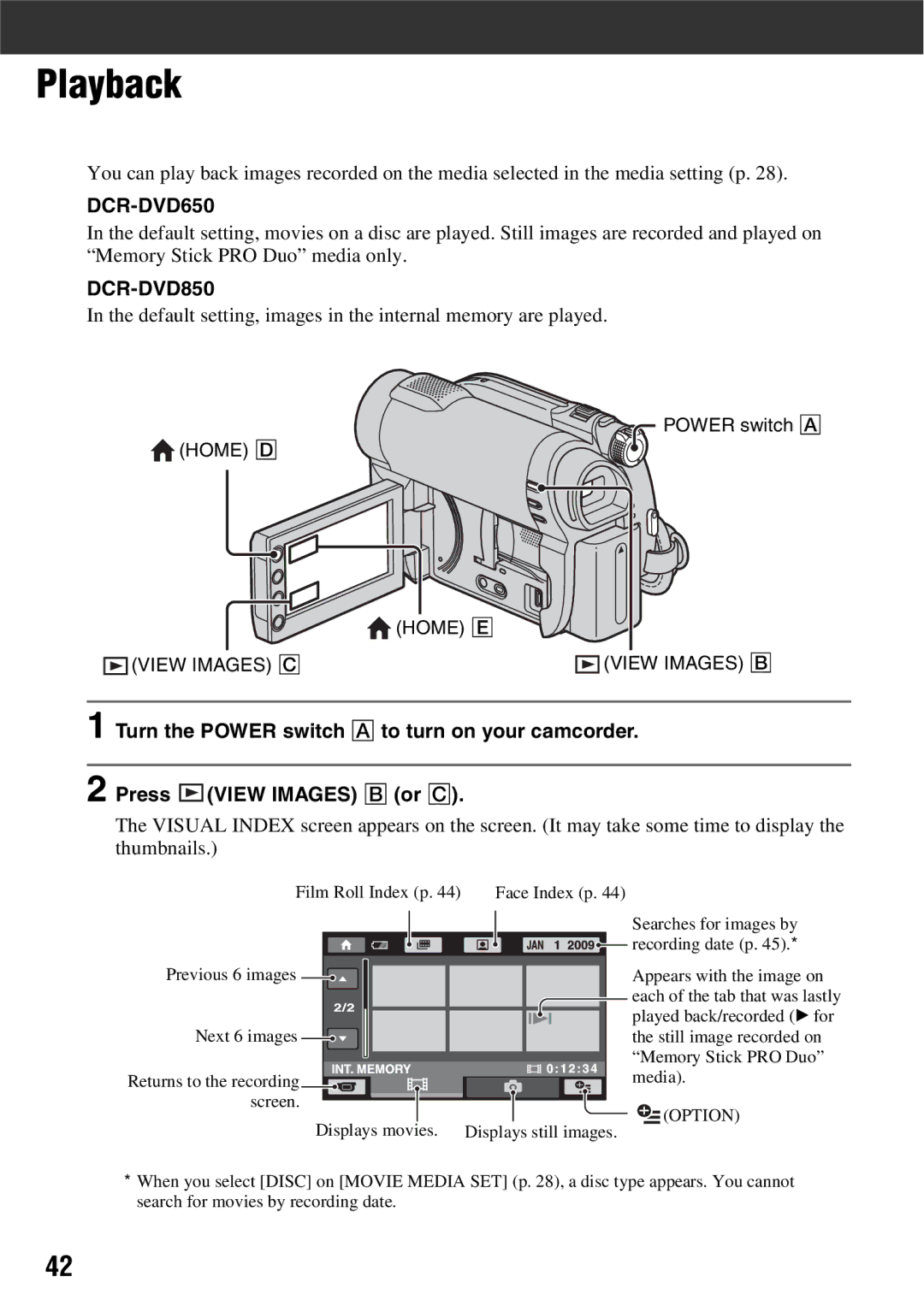 Sony DCR-DVD650, DCR-DVD850 manual Playback, Default setting, images in the internal memory are played 