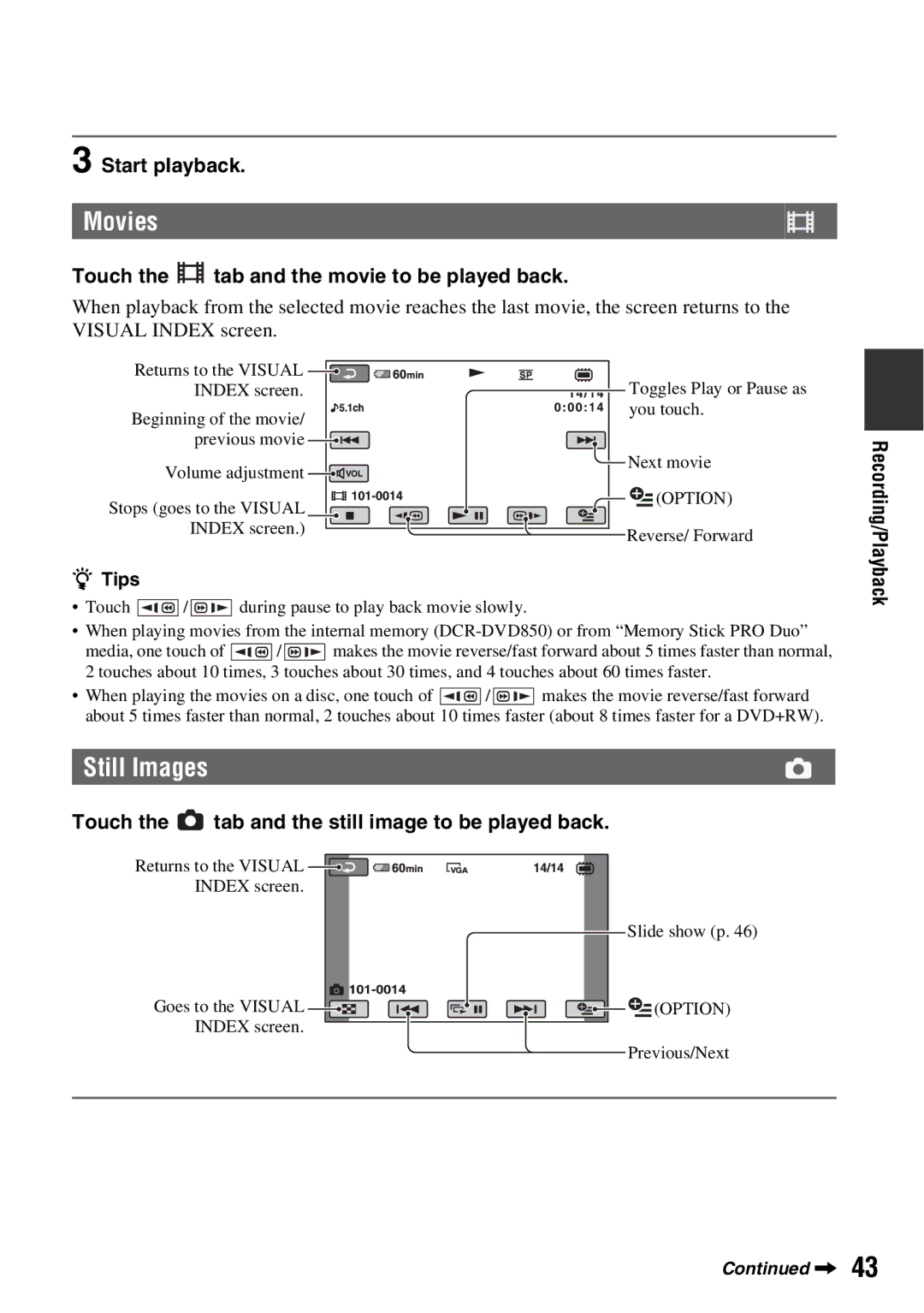 Sony DCR-DVD850, DCR-DVD650 manual Start playback, Touch the tab and the movie to be played back 