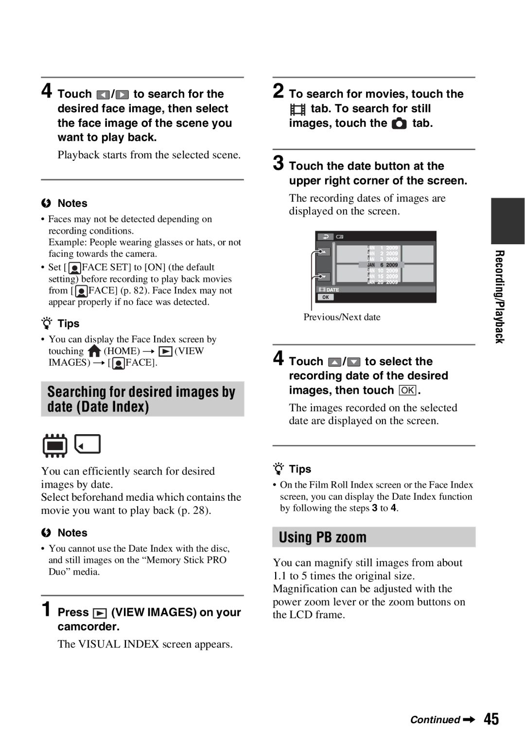 Sony DCR-DVD850, DCR-DVD650 manual Using PB zoom, Searching for desired images by date Date Index 