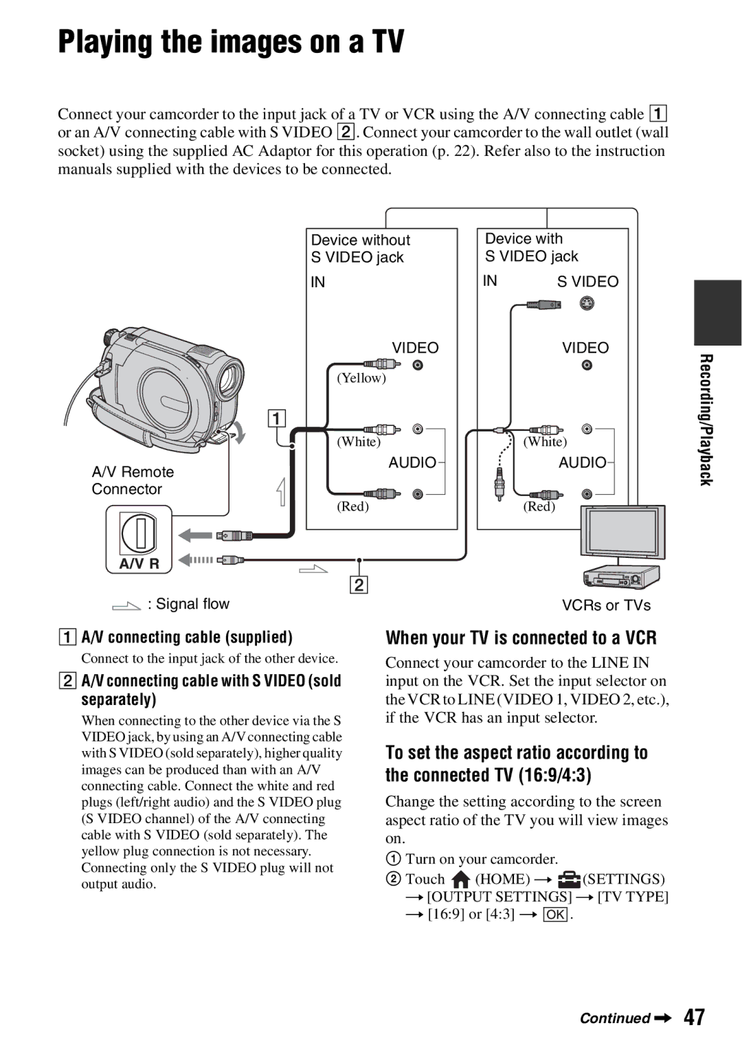 Sony DCR-DVD850, DCR-DVD650 manual Playing the images on a TV, When your TV is connected to a VCR 