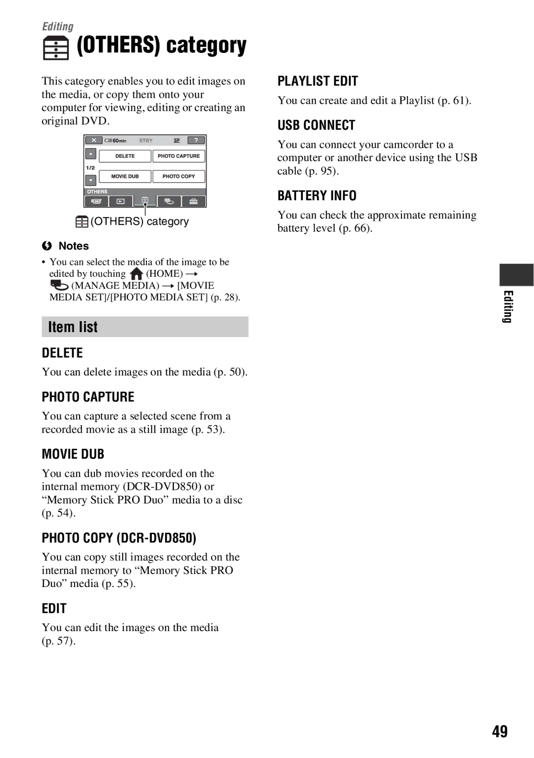 Sony DCR-DVD850, DCR-DVD650 manual Item list, Editing 