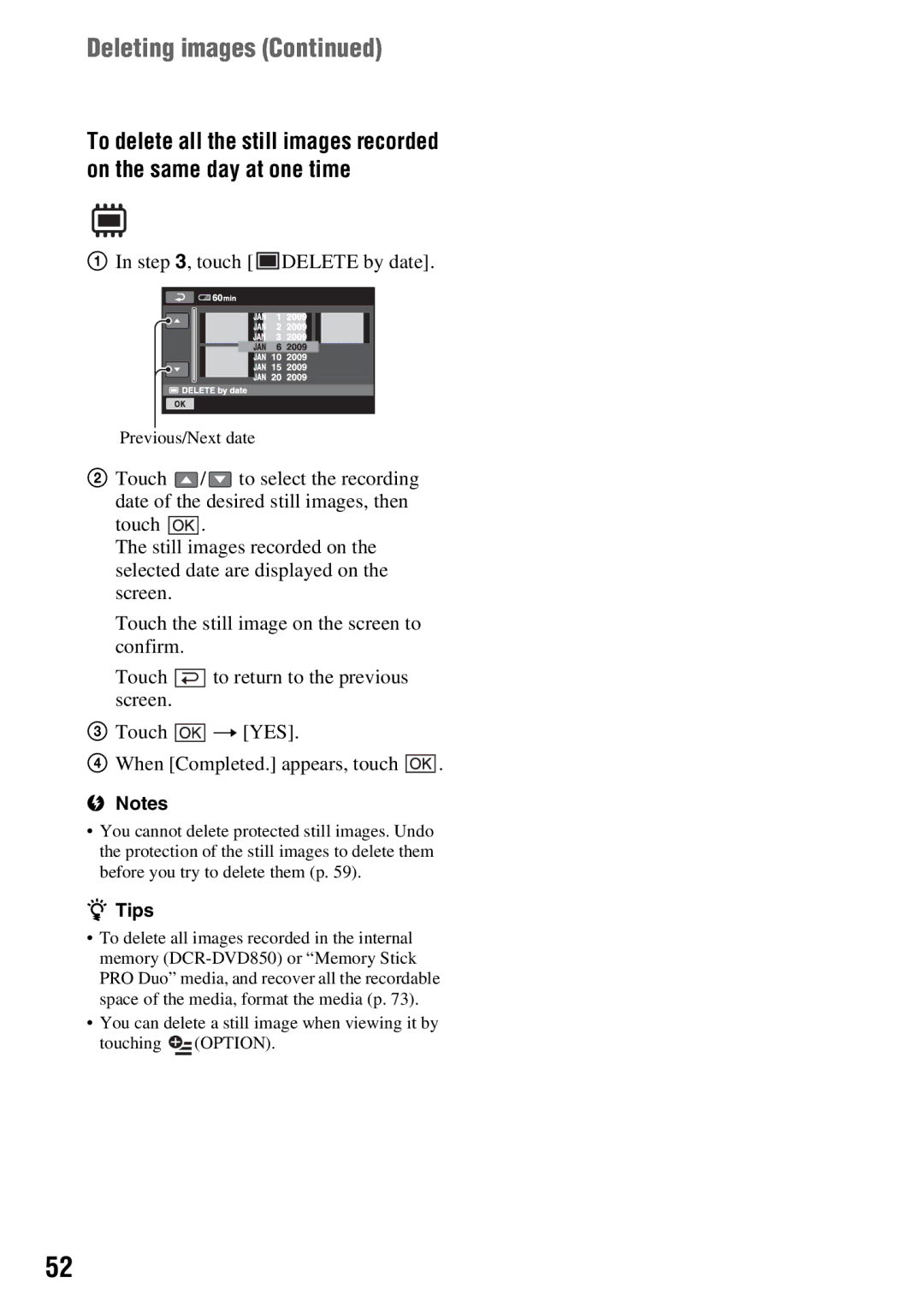 Sony DCR-DVD650, DCR-DVD850 manual Deleting images 