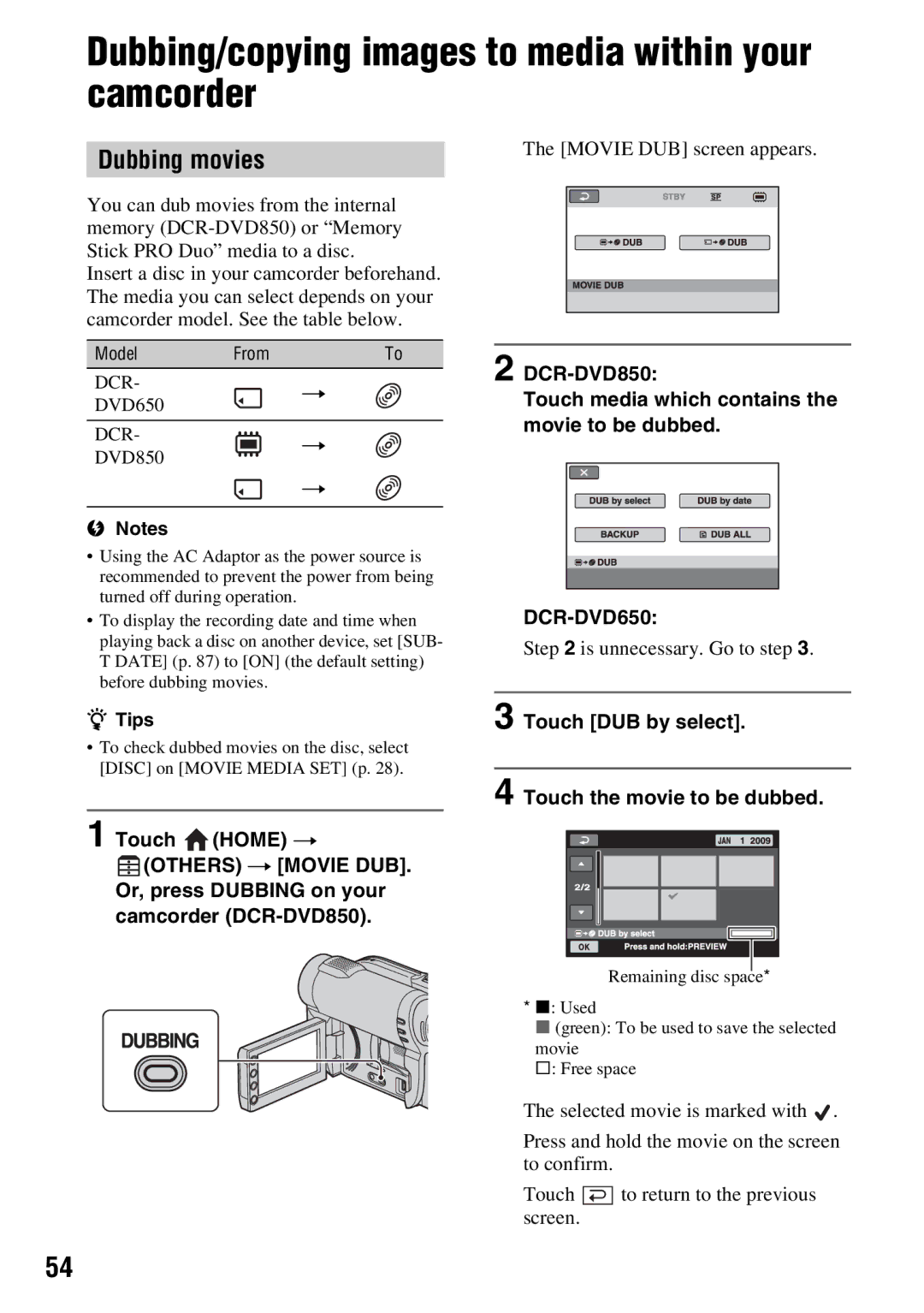 Sony DCR-DVD650 manual Dubbing/copying images to media within your camcorder, Dubbing movies, Movie DUB screen appears 