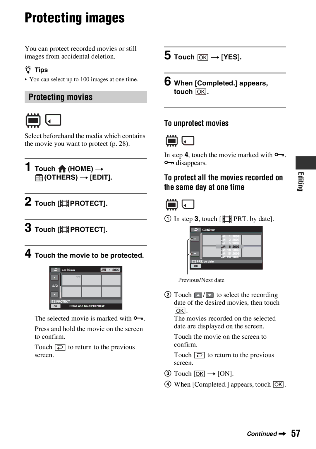 Sony DCR-DVD850, DCR-DVD650 manual Protecting images, Protecting movies, To unprotect movies, Same day at one time 