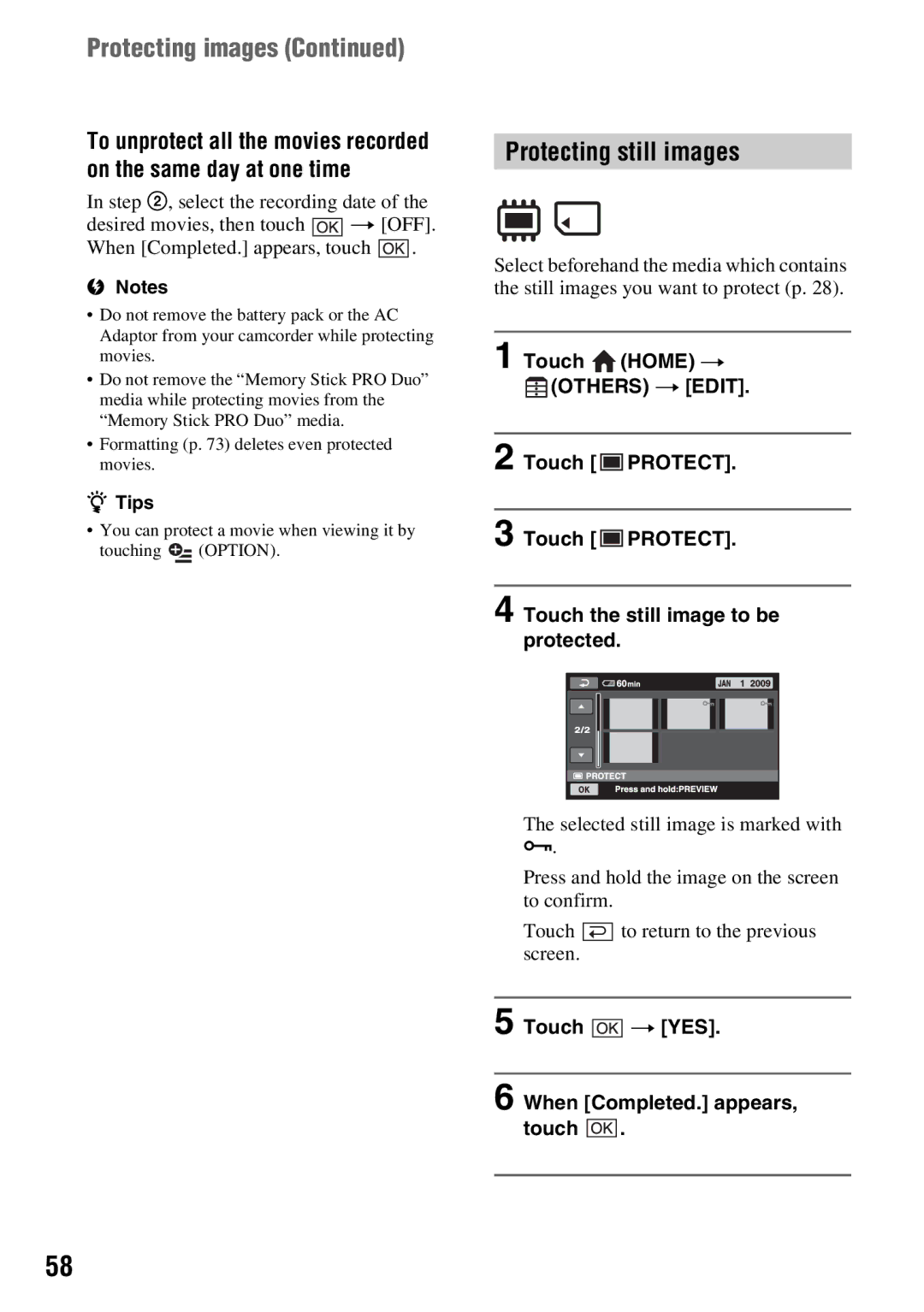 Sony DCR-DVD650, DCR-DVD850 manual Protecting images, Protecting still images 