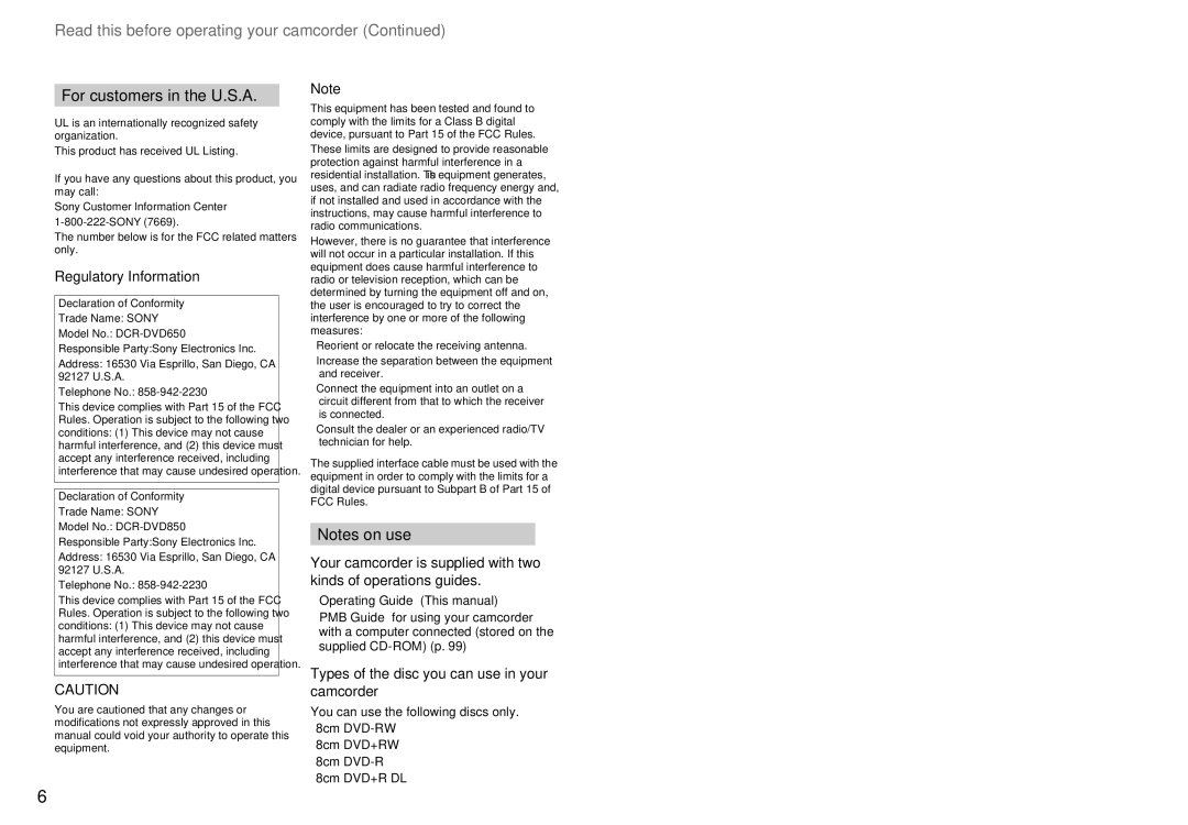 Sony DCR-DVD650, DCR-DVD850 Read this before operating your camcorder, For customers in the U.S.A, Regulatory Information 