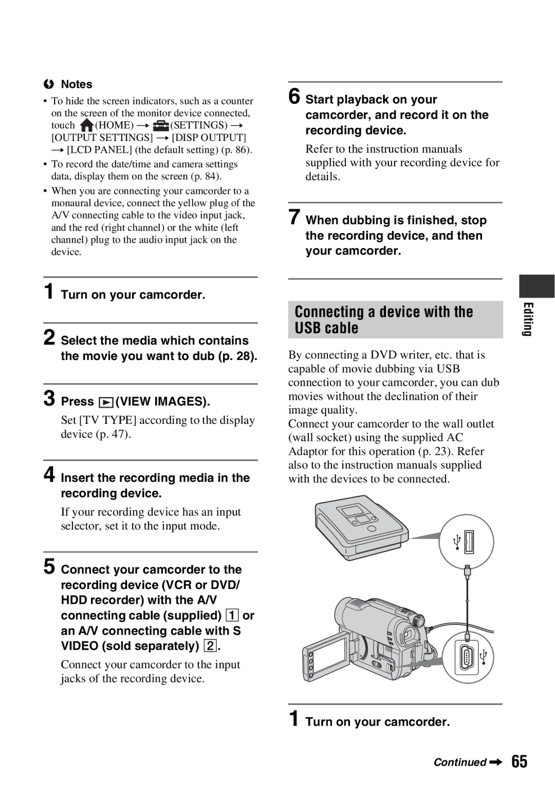 Sony DCR-DVD850, DCR-DVD650 manual Connecting a device with the USB cable, Turn on your camcorder, Press View Images 