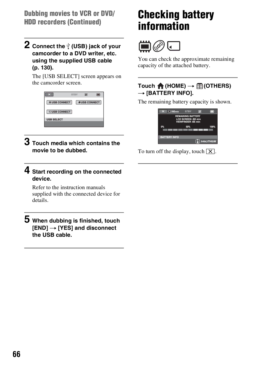 Sony DCR-DVD650, DCR-DVD850 manual USB Select screen appears on the camcorder screen, Touch Home t Others Battery Info 