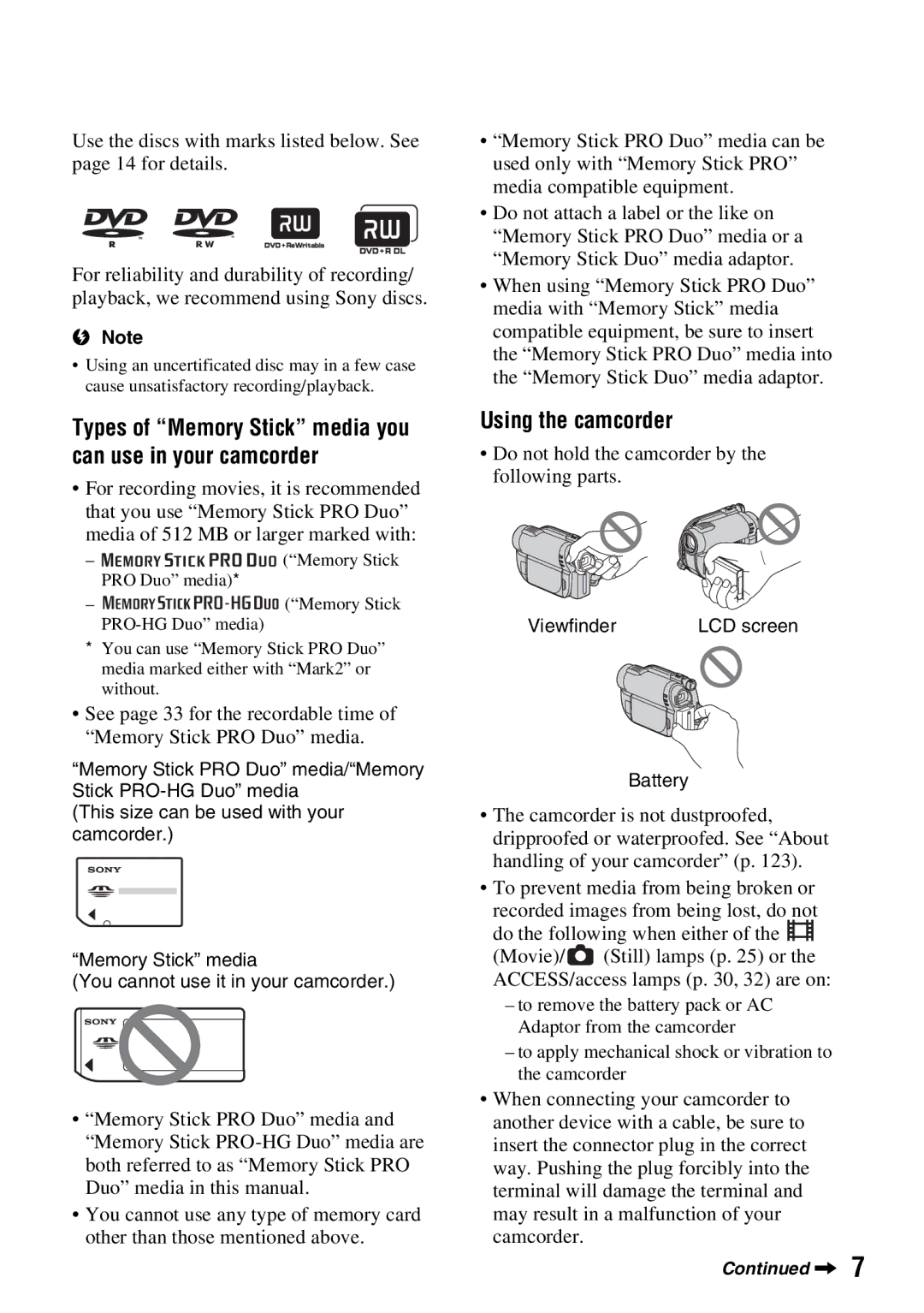 Sony DCR-DVD850, DCR-DVD650 manual Types of Memory Stick media you can use in your camcorder, Using the camcorder 