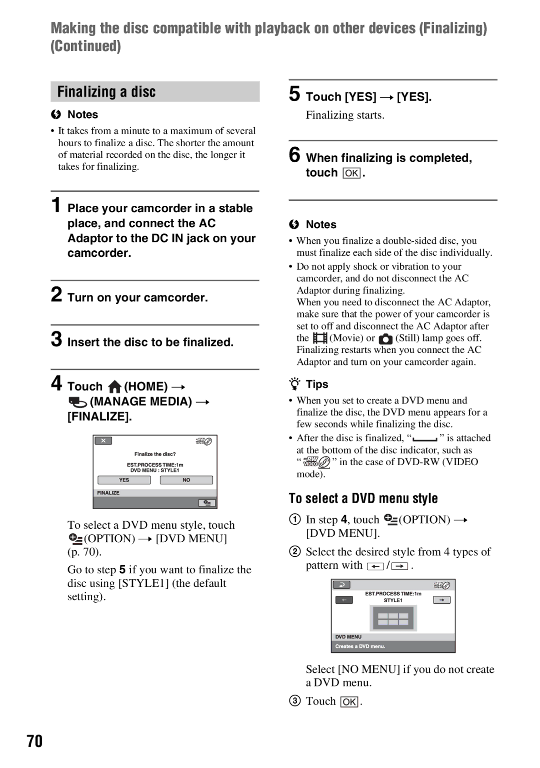 Sony DCR-DVD650, DCR-DVD850 manual Finalizing a disc, To select a DVD menu style, Touch YES t YES, Finalize 