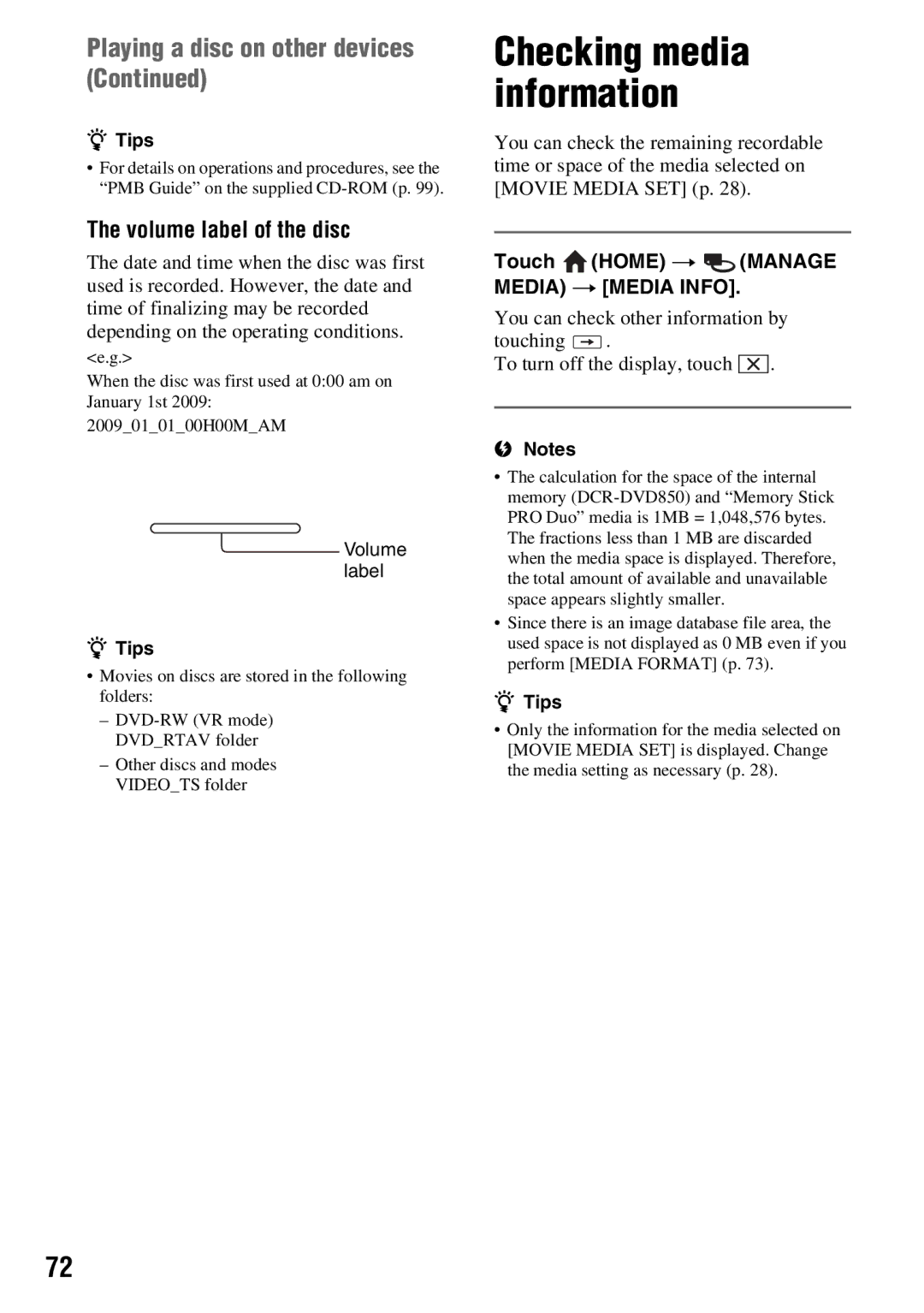 Sony DCR-DVD650 manual Playing a disc on other devices, Volume label of the disc, Touch Home t Manage Media t Media Info 