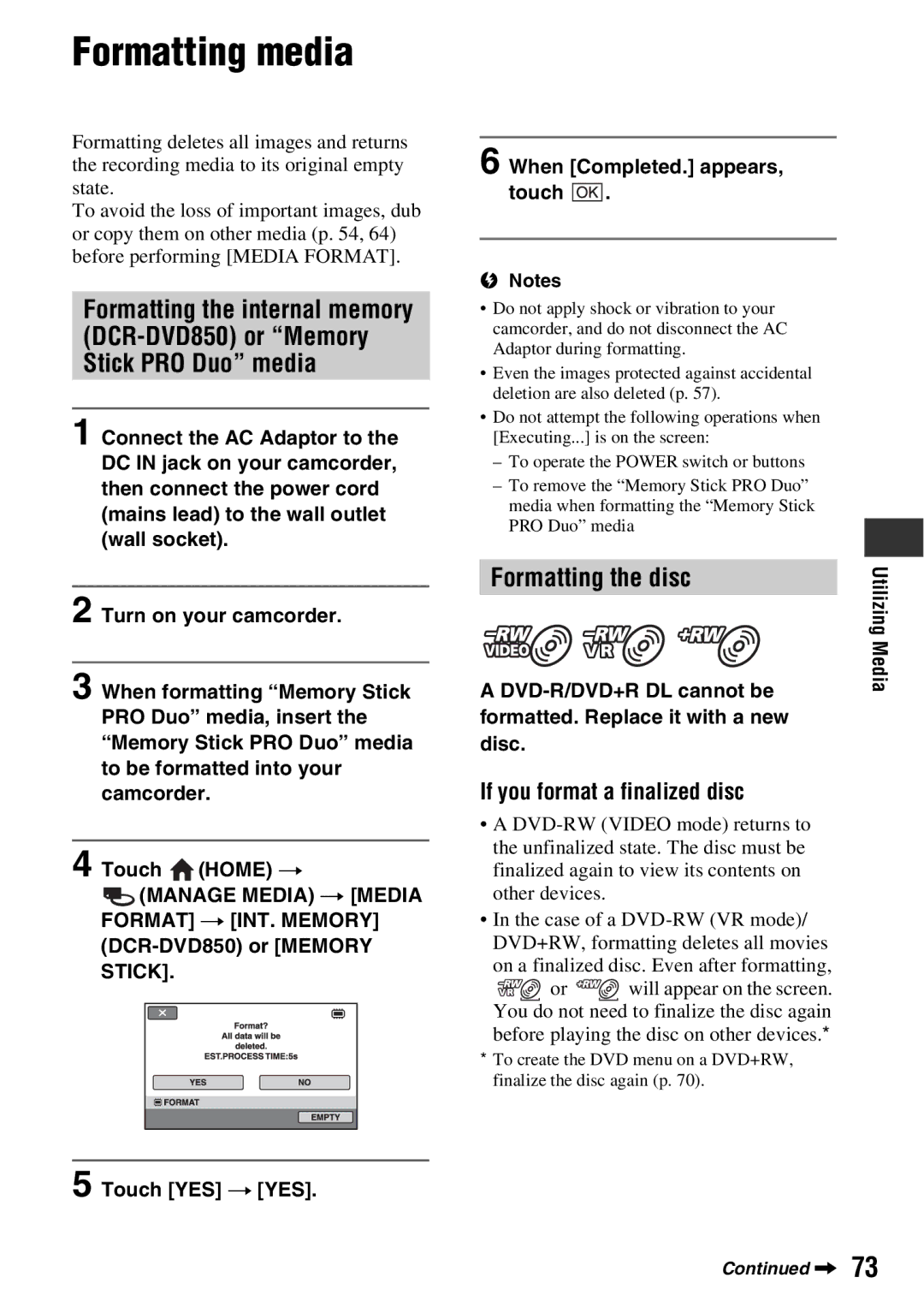 Sony DCR-DVD850, DCR-DVD650 manual Formatting media, Formatting the disc, If you format a finalized disc 