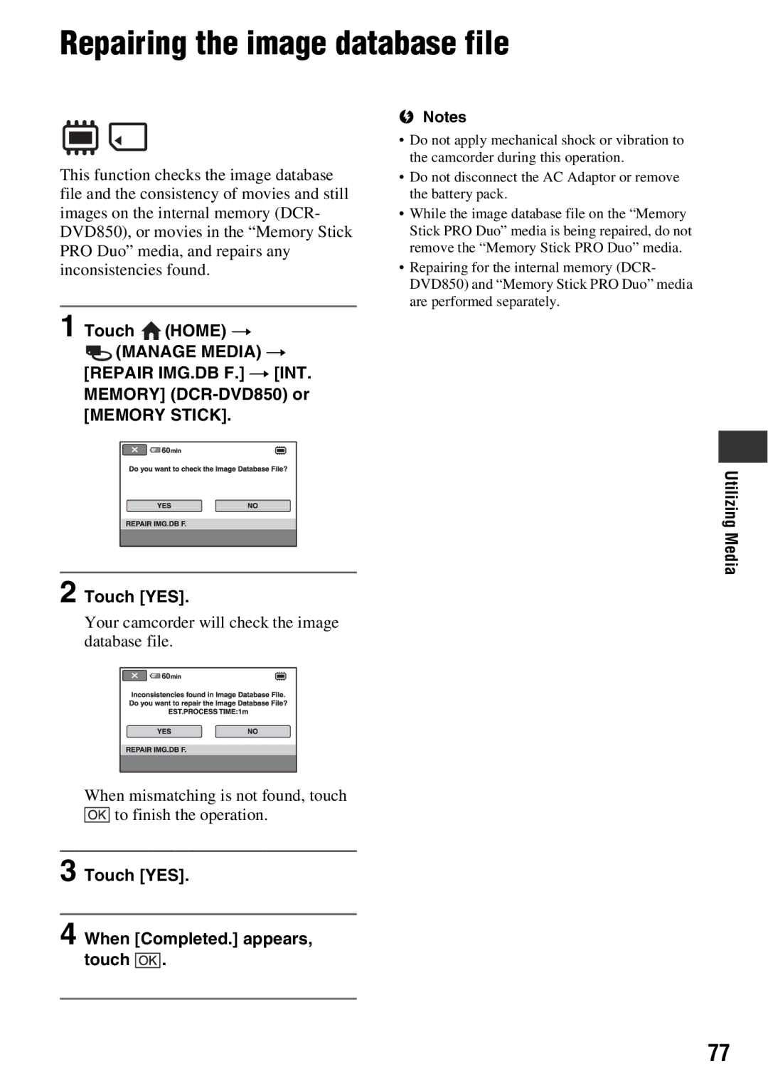 Sony DCR-DVD850, DCR-DVD650 manual Repairing the image database file, Touch YES 