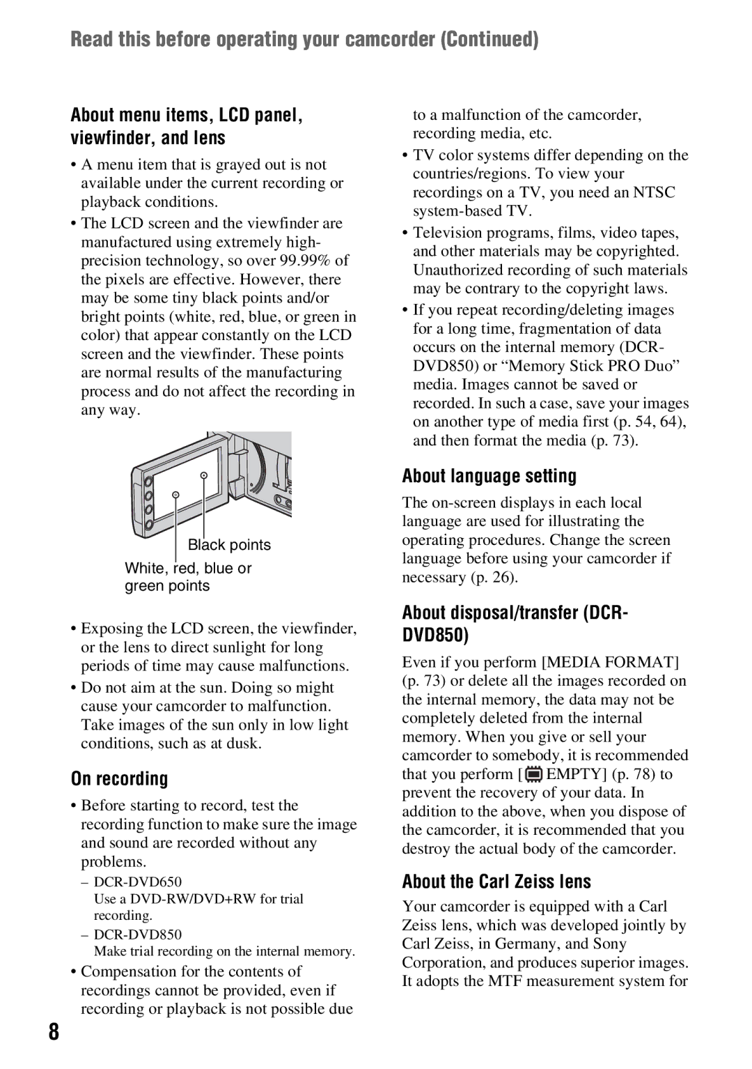 Sony DCR-DVD650, DCR-DVD850 manual About menu items, LCD panel, viewfinder, and lens, About language setting, On recording 