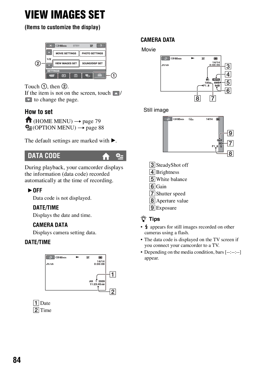 Sony DCR-DVD650, DCR-DVD850 manual Data Code, Items to customize the display, Date/Time, Camera Data 