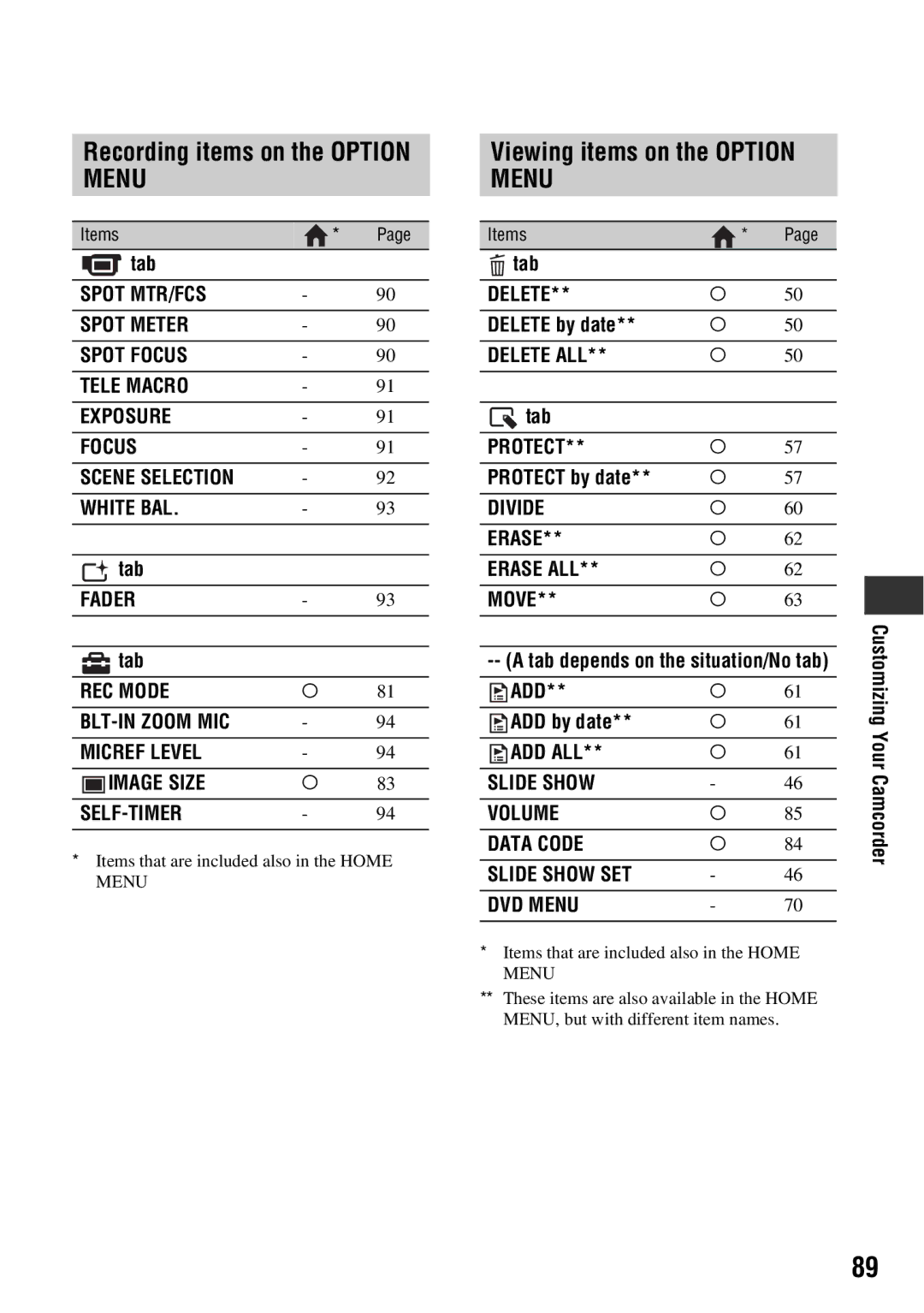 Sony DCR-DVD850, DCR-DVD650 manual Recording items on the Option Menu, Viewing items on the Option Menu 