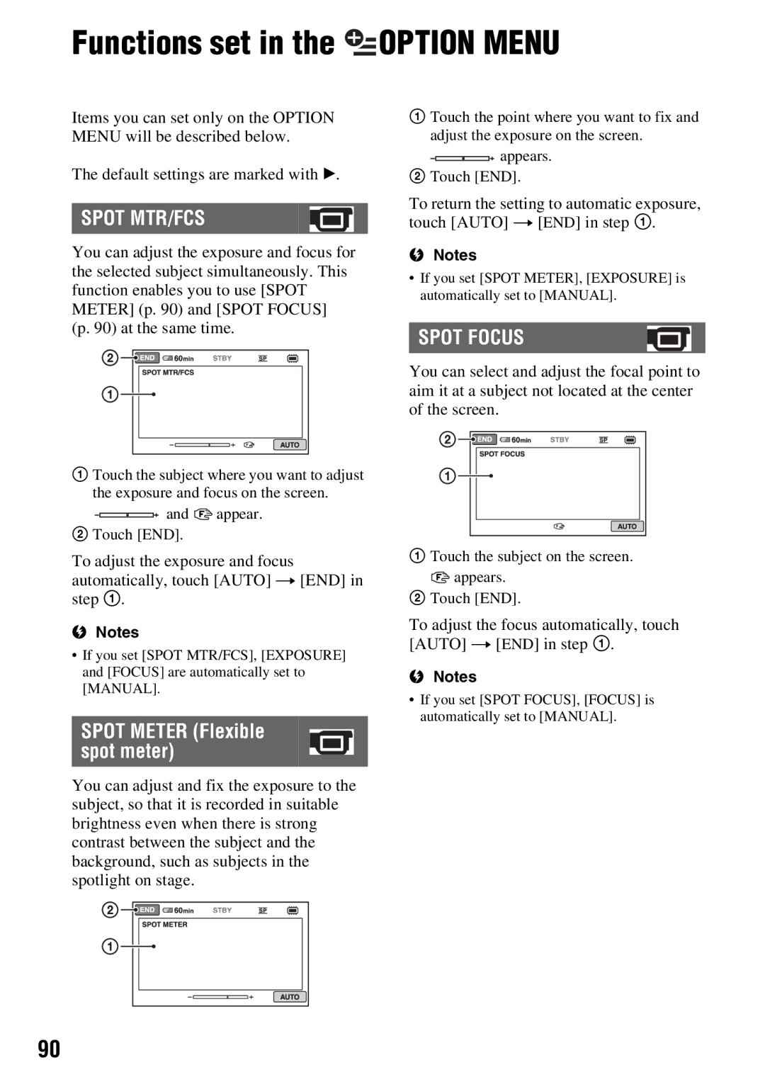 Sony DCR-DVD650, DCR-DVD850 manual Functions set in the Option Menu, Spot MTR/FCS, Spot Focus 