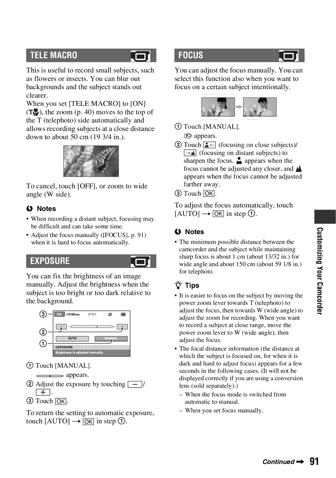 Sony DCR-DVD850, DCR-DVD650 manual Tele Macro, Exposure, Focus, To cancel, touch OFF, or zoom to wide angle W side 