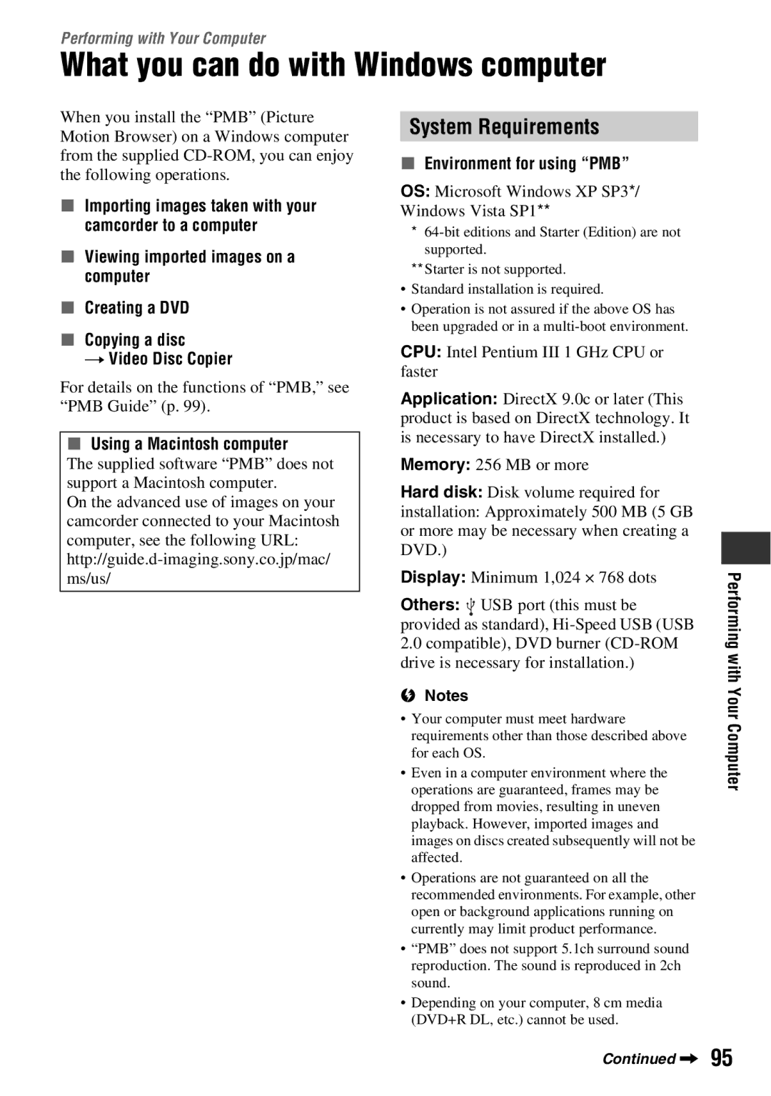 Sony DCR-DVD850, DCR-DVD650 What you can do with Windows computer, System Requirements, Using a Macintosh computer, Others 