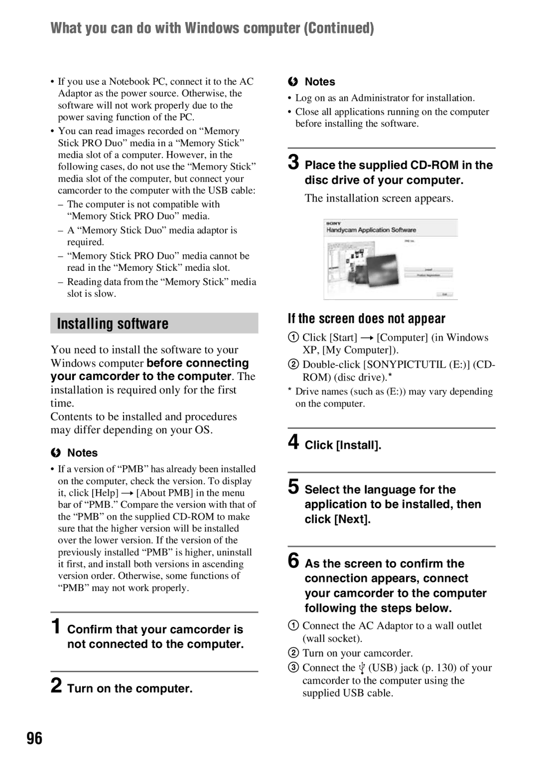 Sony DCR-DVD650, DCR-DVD850 manual What you can do with Windows computer, Installing software, If the screen does not appear 