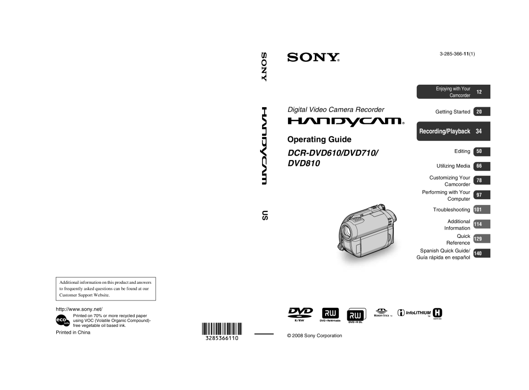 Sony DCR-DVD710 manual DCR-DVD610/DVD710 DVD810 