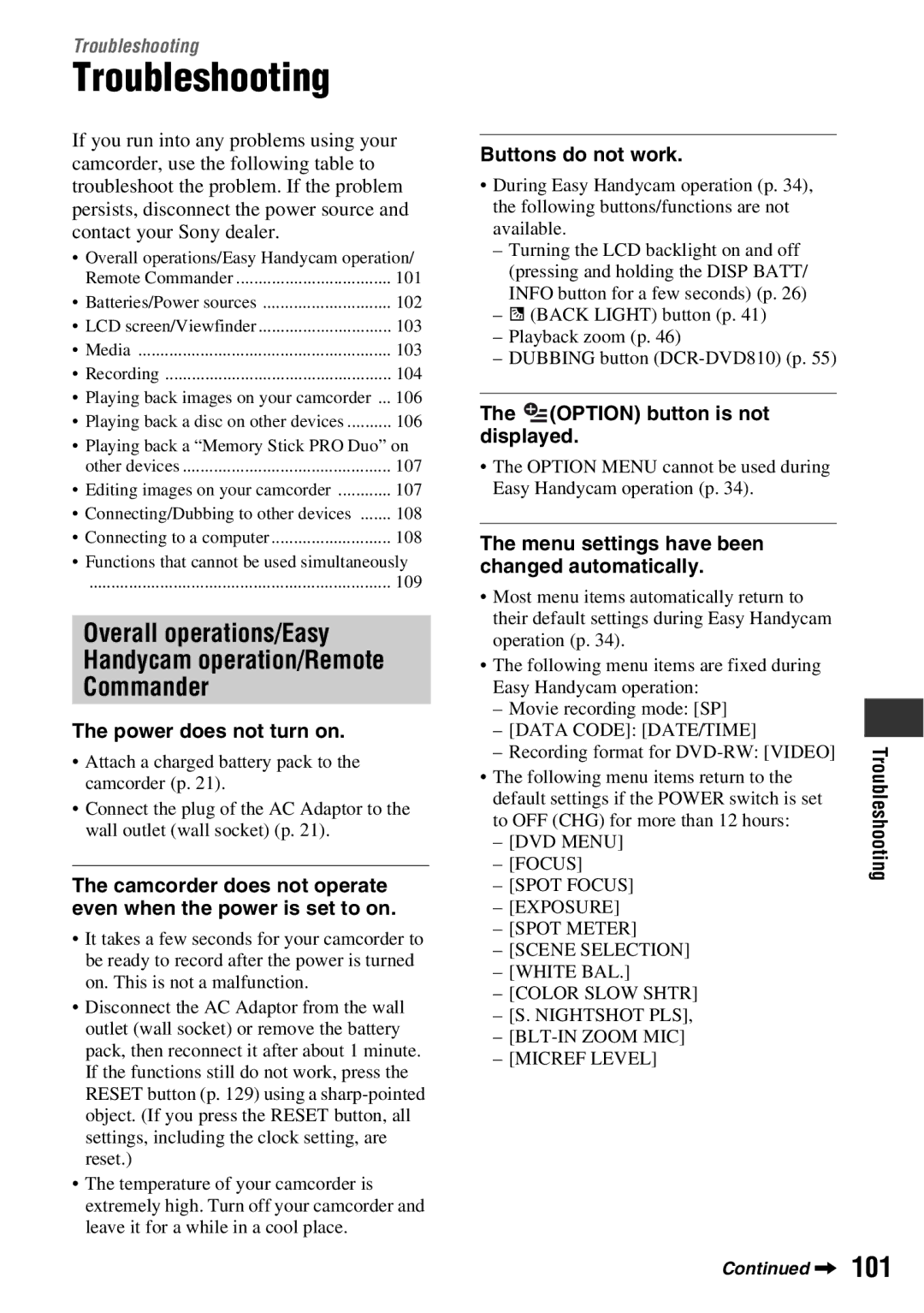 Sony DCR-DVD710 manual Troubleshooting, Buttons do not work, Option button is not displayed 