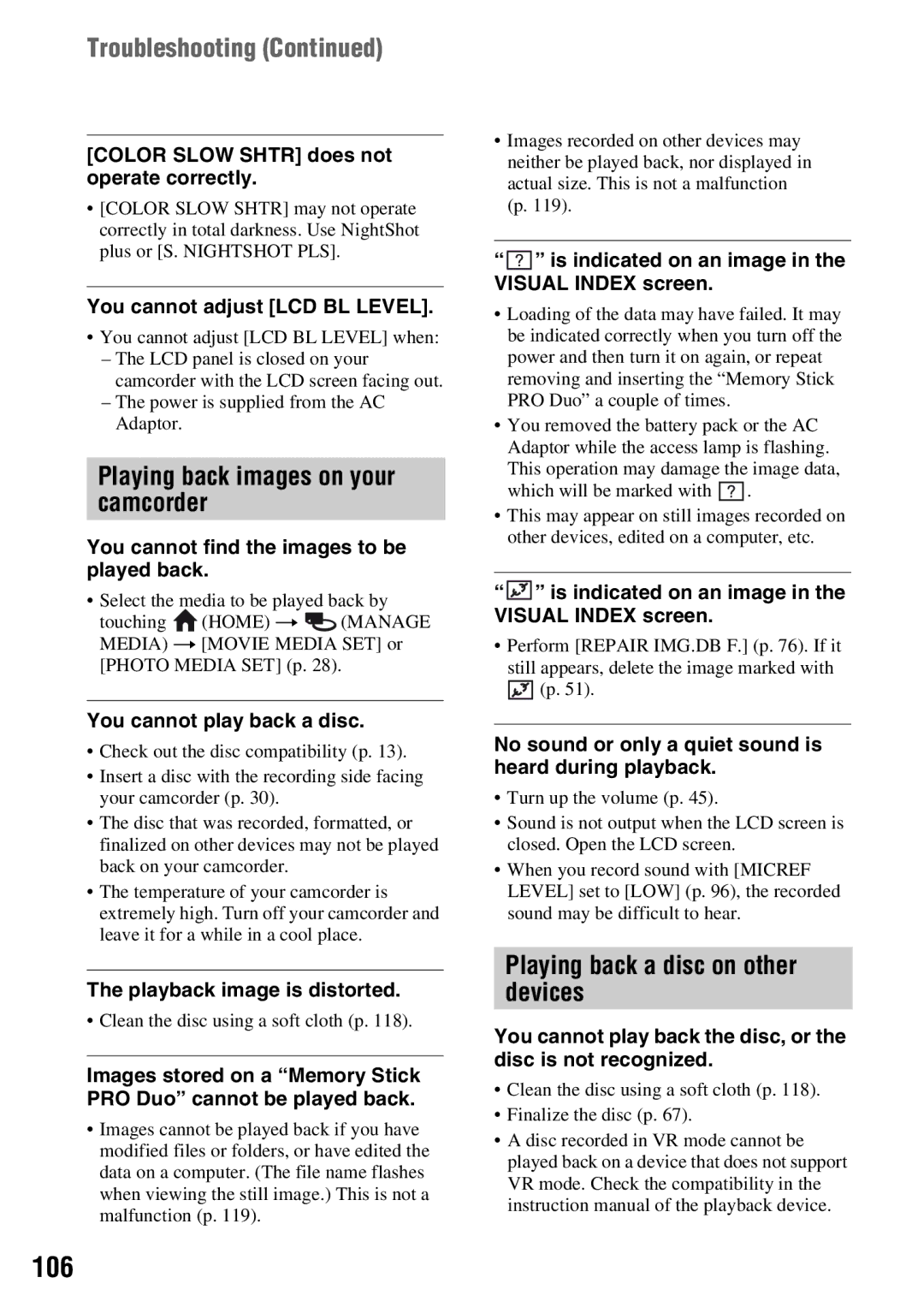 Sony DCR-DVD710 manual 106, Playing back images on your camcorder, Playing back a disc on other devices 