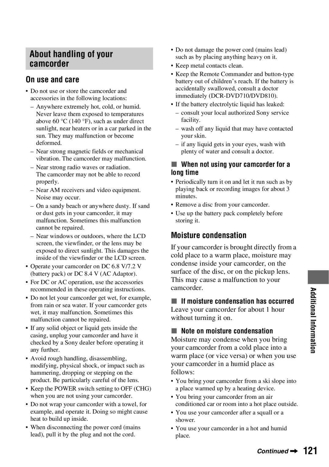 Sony DCR-DVD710 manual About handling of your camcorder, On use and care, Moisture condensation 