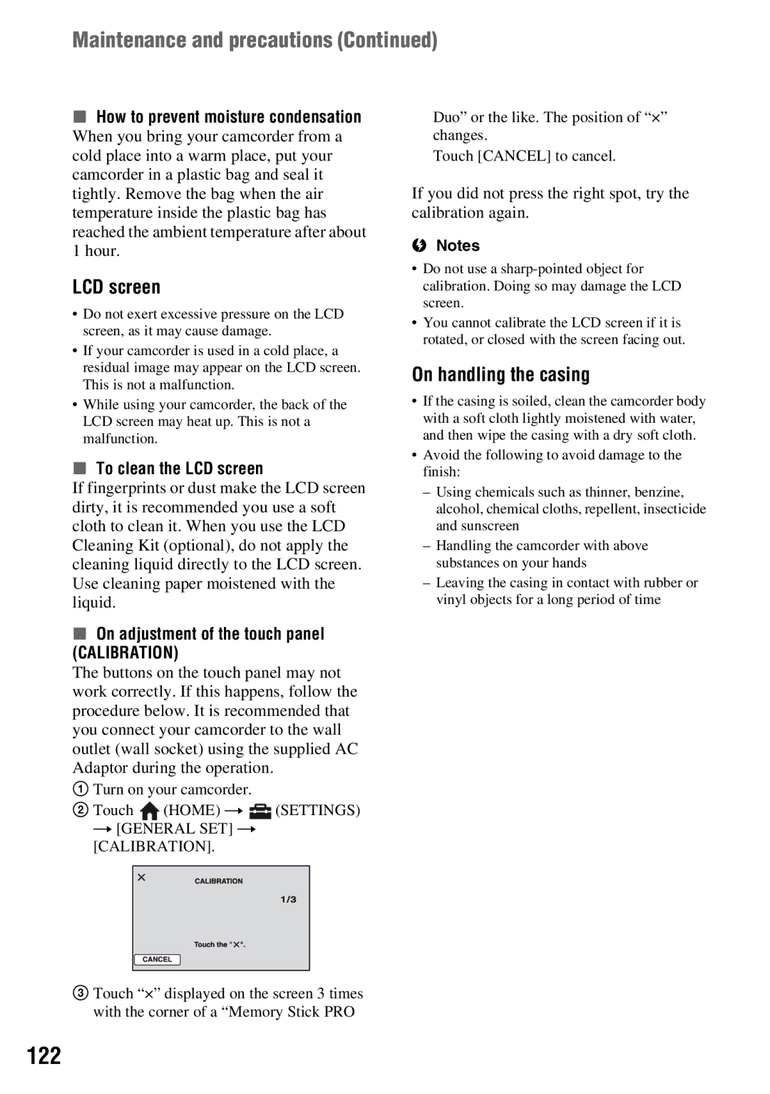 Sony DCR-DVD710 manual 122, On handling the casing, To clean the LCD screen, On adjustment of the touch panel 