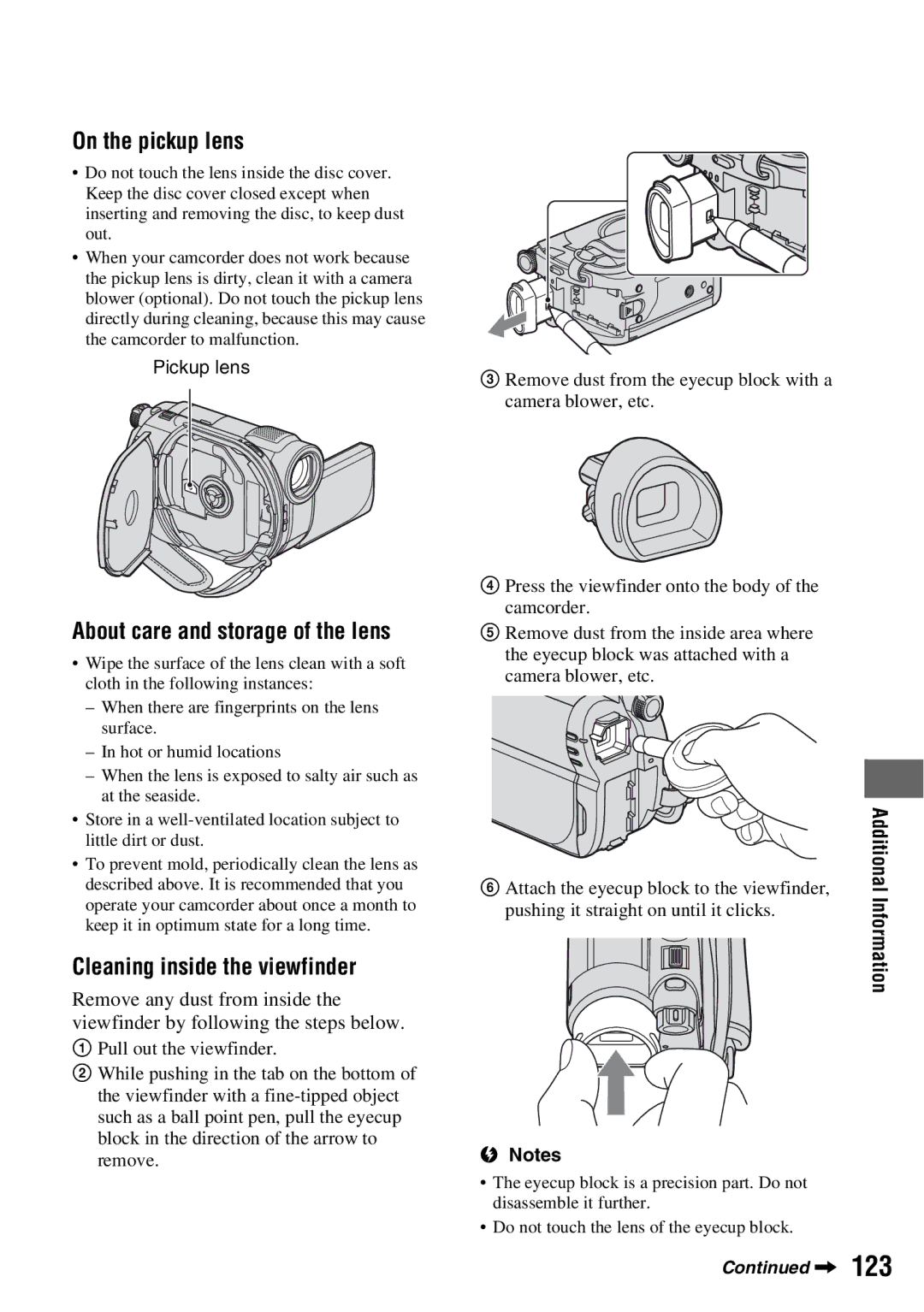 Sony DCR-DVD710 manual 123, On the pickup lens, About care and storage of the lens, Cleaning inside the viewfinder 