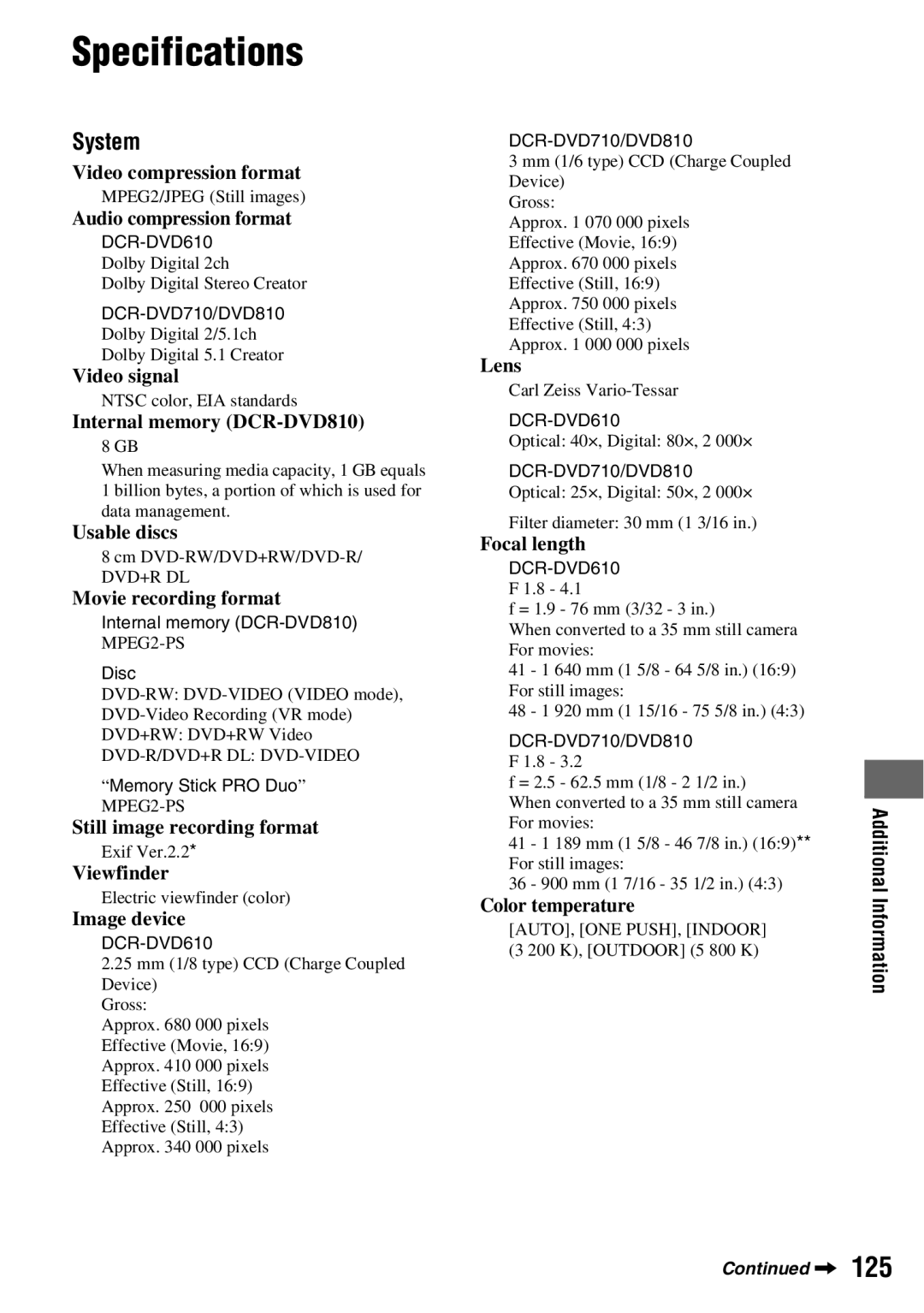 Sony DCR-DVD710 manual Specifications, System 