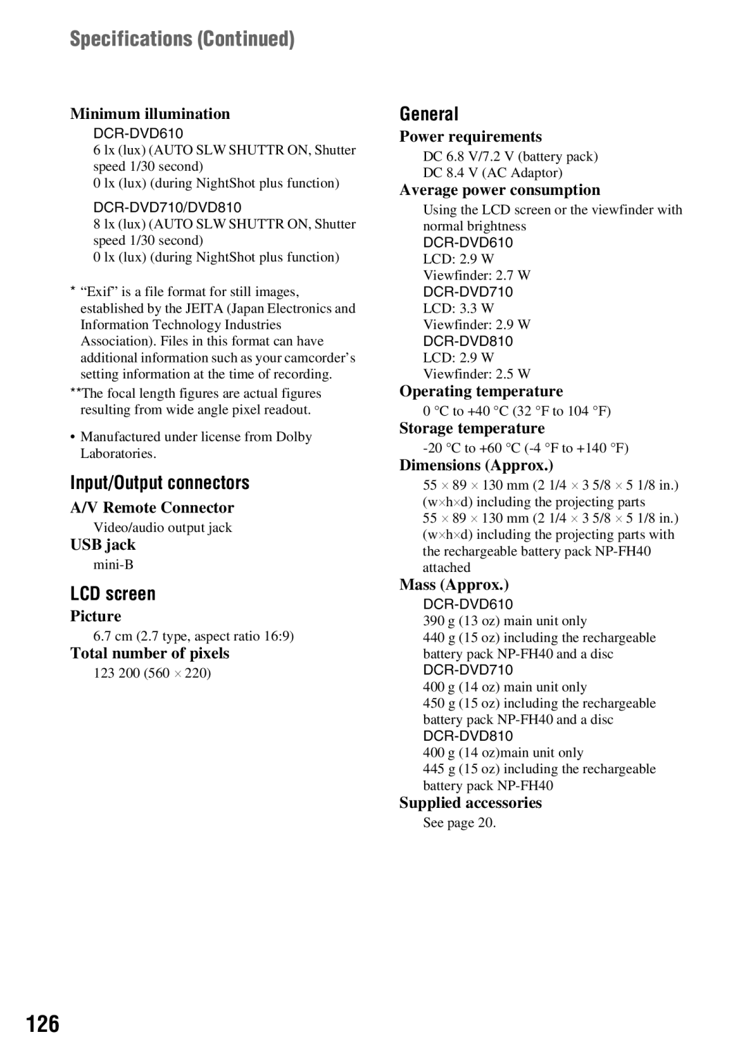 Sony DCR-DVD710 manual 126, Specifications, Input/Output connectors, General 