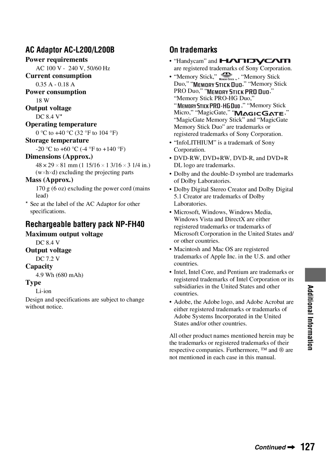 Sony DCR-DVD710 manual AC Adaptor AC-L200/L200B, Rechargeable battery pack NP-FH40, On trademarks 