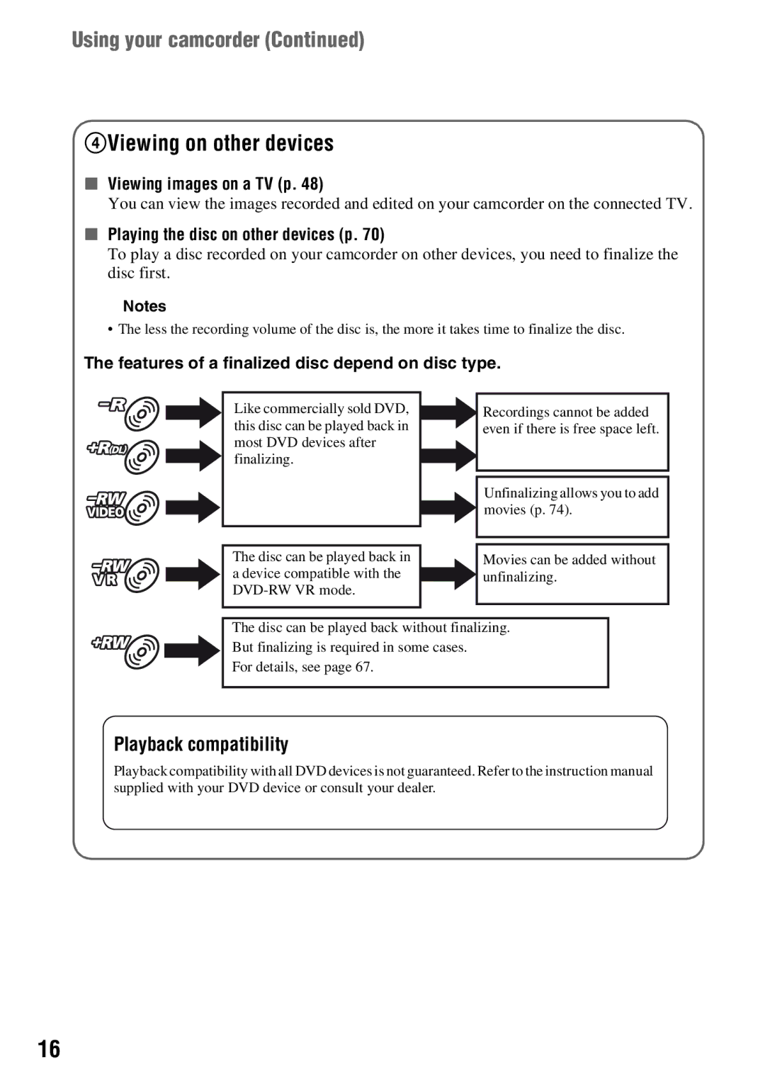 Sony DCR-DVD710 manual Using your camcorder, Playback compatibility, Viewing images on a TV p 