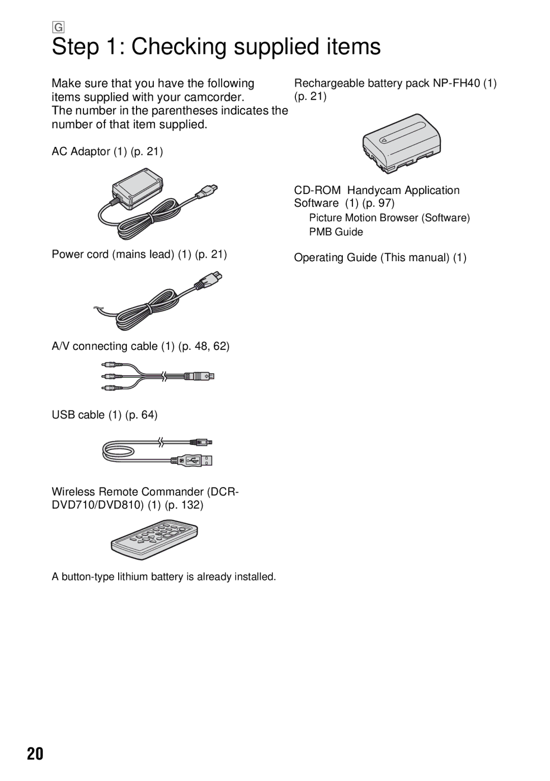 Sony DCR-DVD710 manual Checking supplied items 