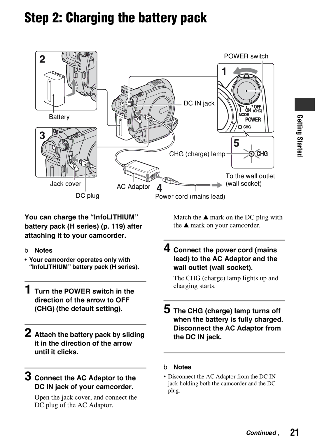 Sony DCR-DVD710 Charging the battery pack, CHG charge lamp lights up and charging starts, DC in jack of your camcorder 