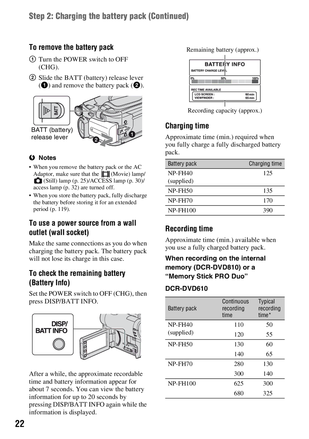 Sony DCR-DVD710 manual Charging the battery pack 