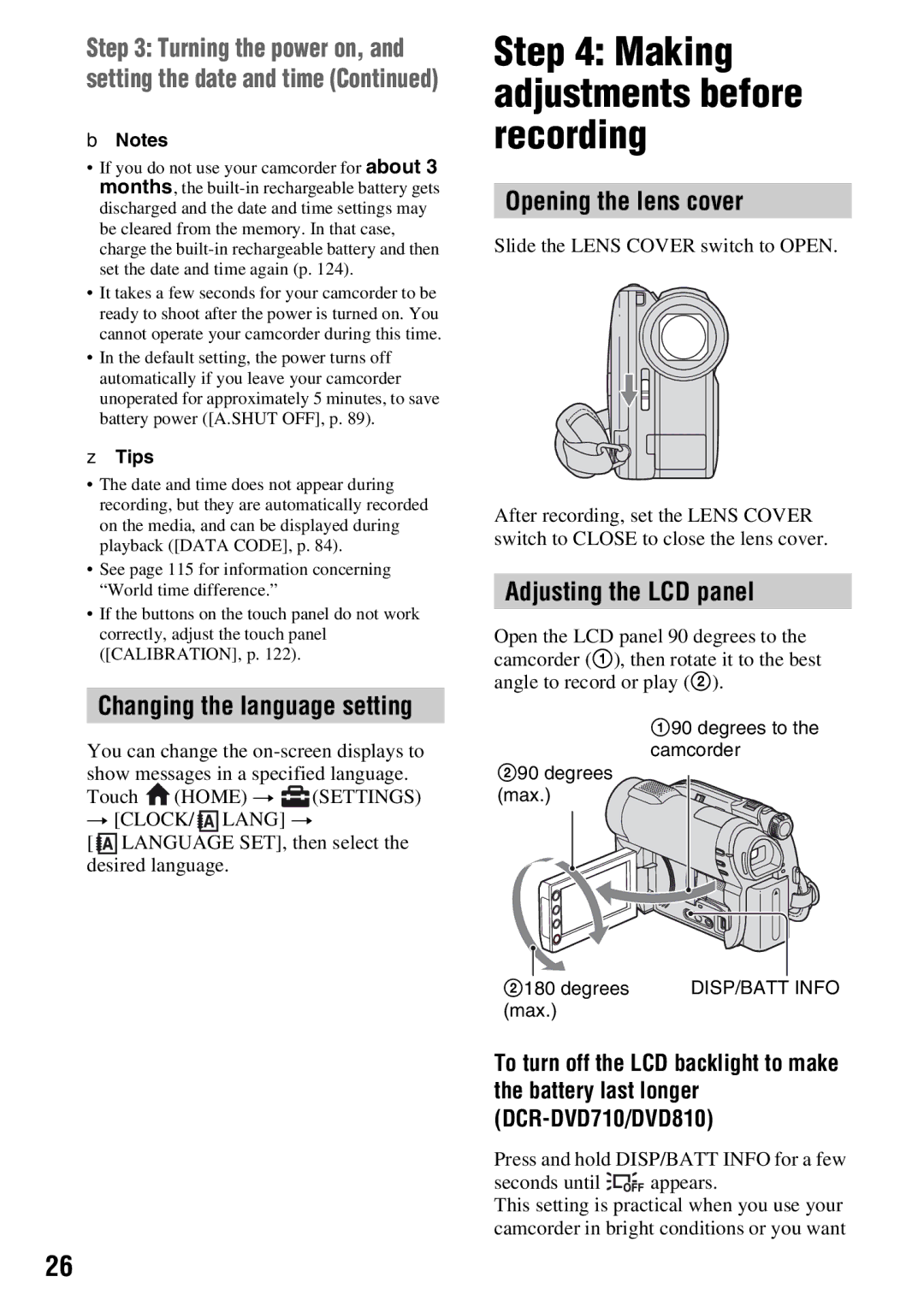 Sony DCR-DVD710 manual Making adjustments before recording, Changing the language setting, Opening the lens cover 