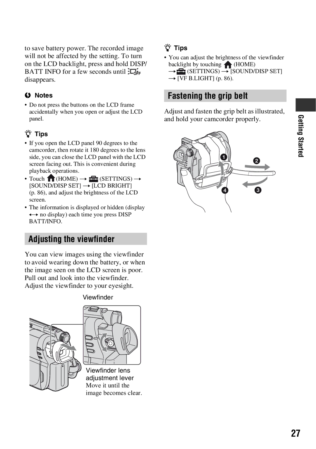 Sony DCR-DVD710 manual Adjusting the viewfinder, Fastening the grip belt, Adjust the viewfinder to your eyesight 